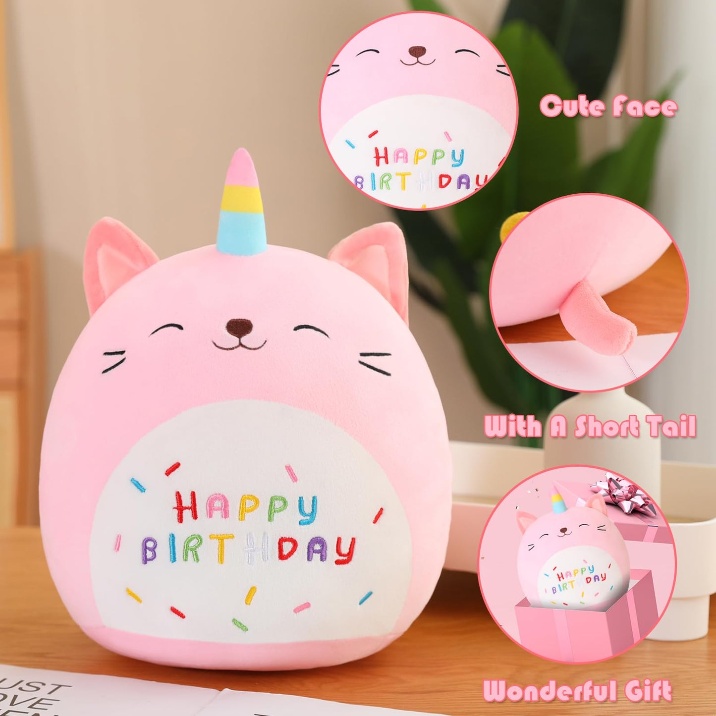 SQEQE Cat Plush Toy Unicorn Cat Stuffed Animal Cute Birthday Cat Plushies Pillow Soft Plushie Doll Gifts for Kid Decor(Pink Caticorn, 10 Inch)