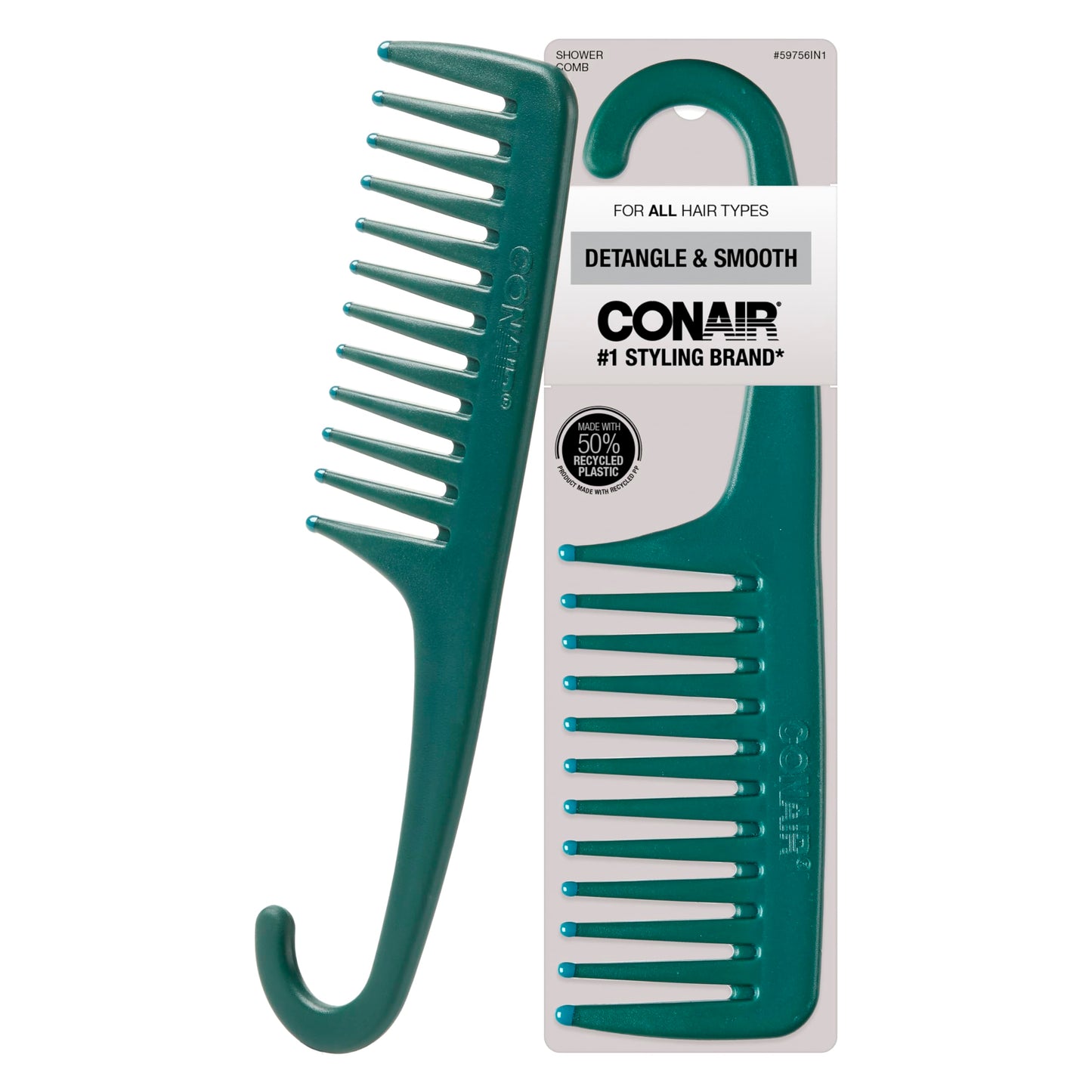 CONAIR Detangle & Smooth Shower Comb with Hook - hair comb for men and women - detangling and parting comb - Teal Green