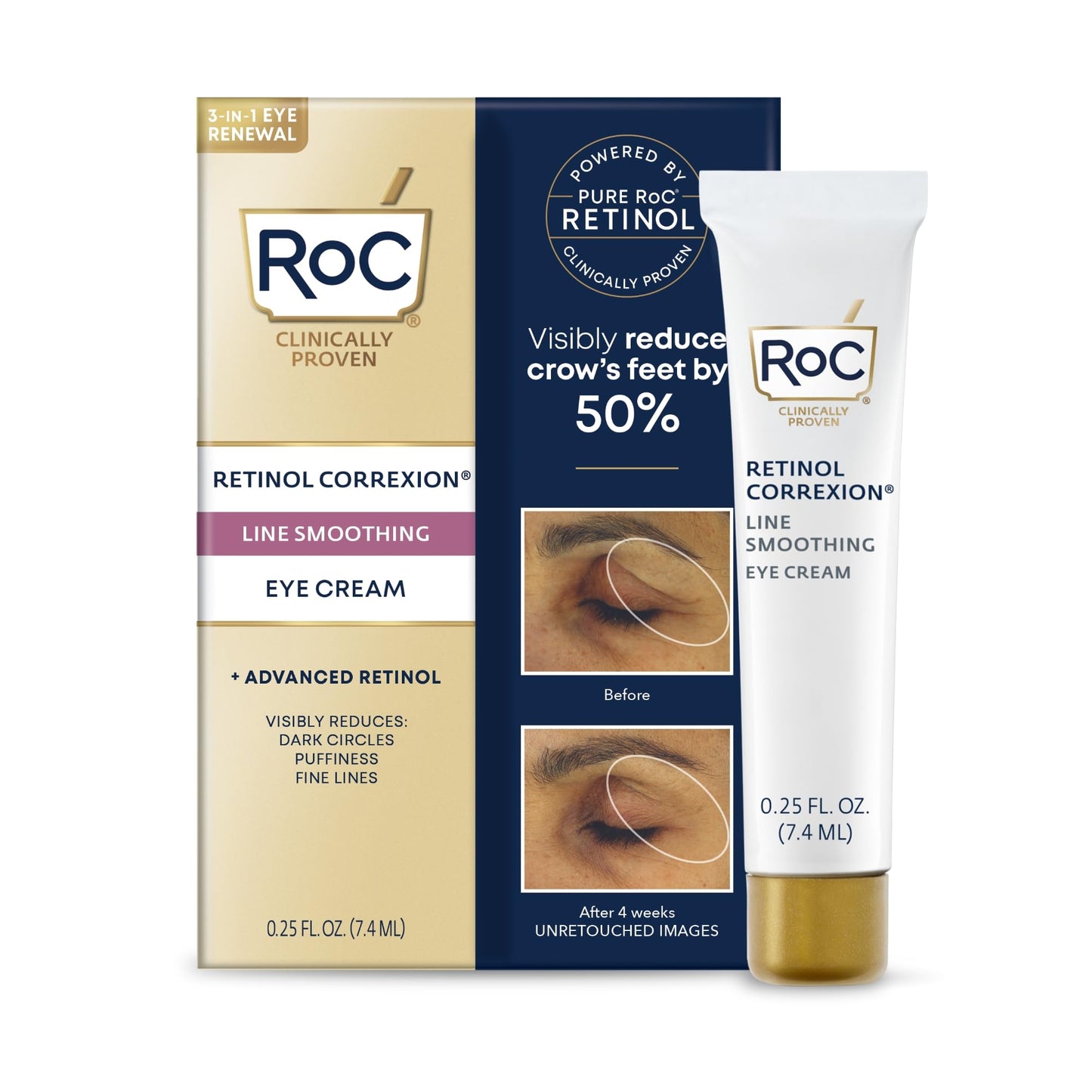 RoC Retinol Correxion Eye Cream Mini for Dark Circles & Puffiness, Daily Wrinkle Cream, Anti Aging Line Smoothing Skin Care Treatment, .25 Ounces