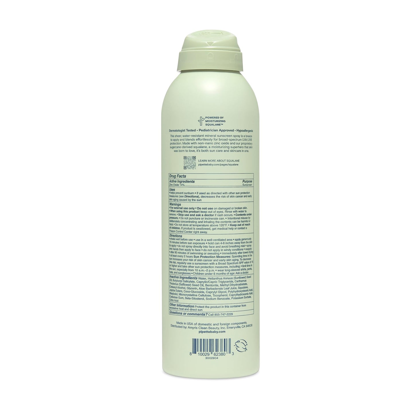 Pipette Baby Mineral Sunscreen Spray SPF 30 - Broad Spectrum, Non-Nano Zinc, Water Resistant, Gentle UV Protection for Kids & Sensitive Skin, 6 oz