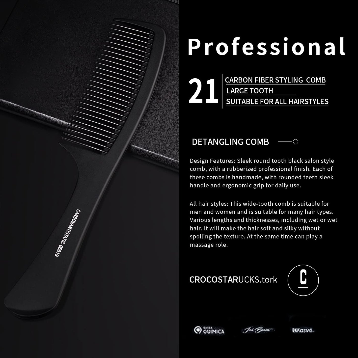 Large Detangling Comb With Professional Handle - Carbon Fiber, Cutting, Hairdressing, Styling, Round Tooth, Barber, Travel Hair Comb for Men and Women