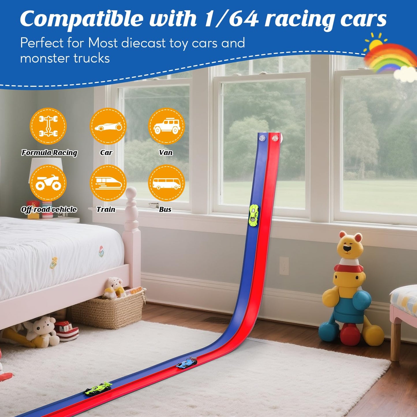 Flexible 15ft Race Car Track Starter Set with Suction Cups & 1:64 Diecast Cars, Blue & Red Double Track, Rolls Up for Kids 3+