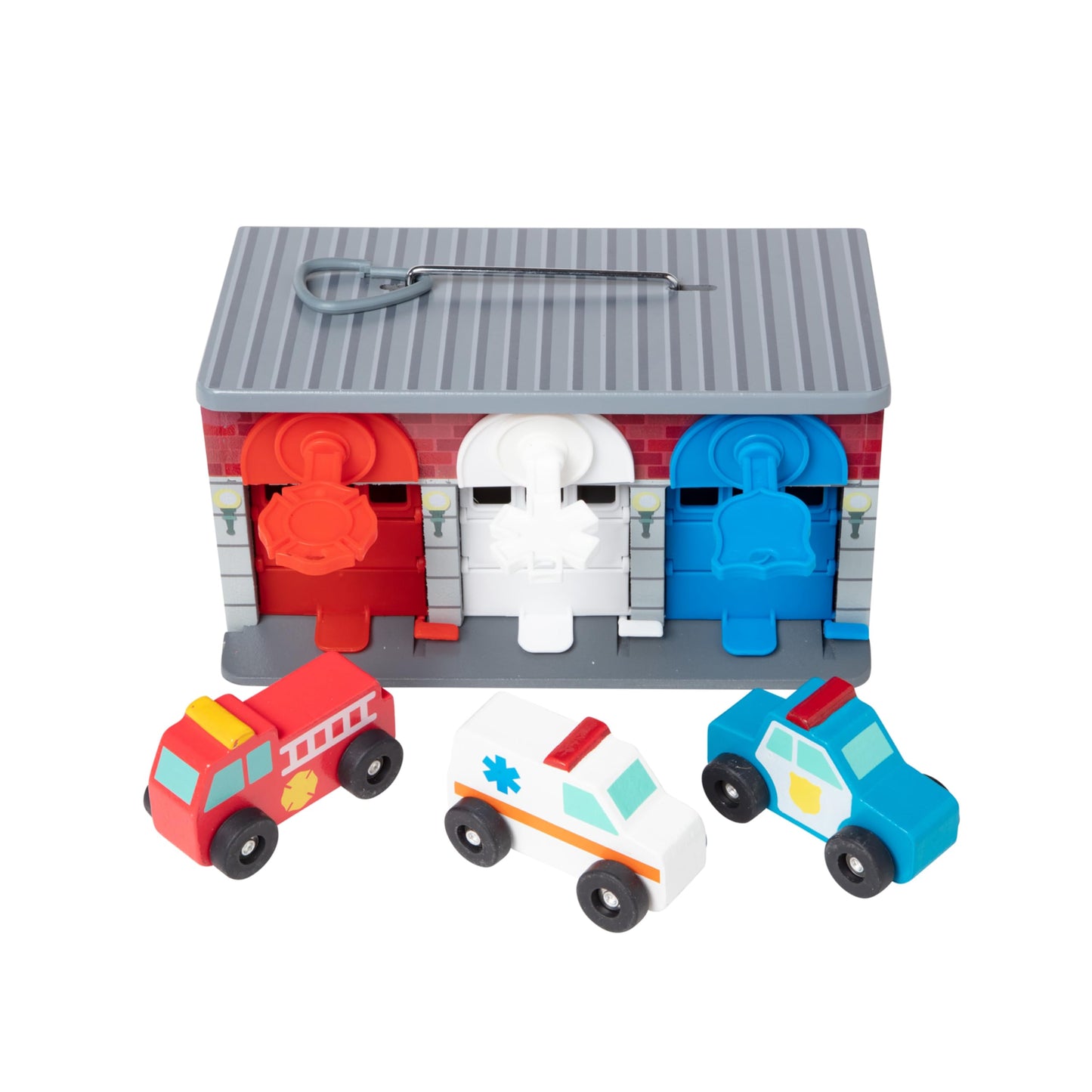 Melissa & Doug Toy Keys and Cars Wooden Rescue Vehicles and Garage (7 pcs) Toddler Pull Back Toys, Toy Garage for Kids Ages 3+