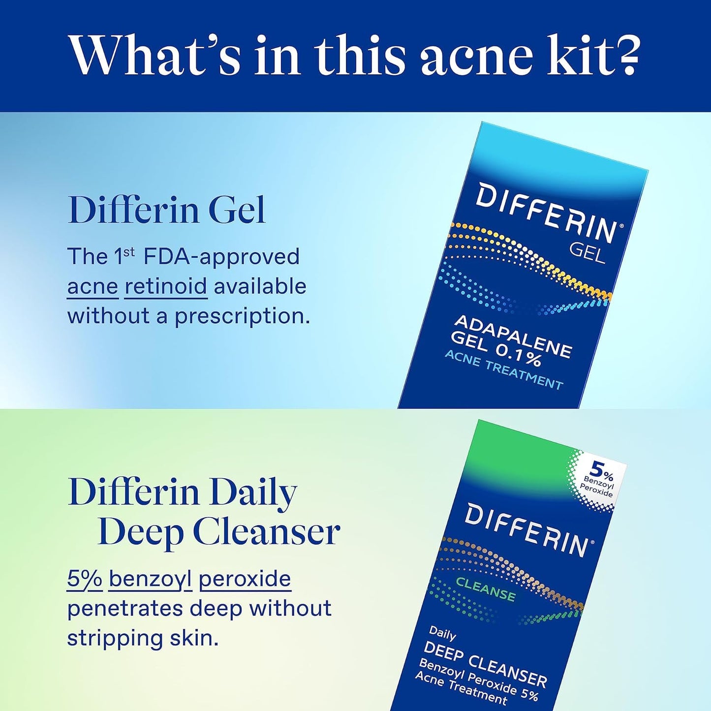 Differin Acne Skin Care Kit – 0.1% Adapalene Gel, 5% Benzoyl Peroxide Face & Body Wash for Acne & Pimple-Prone Skin