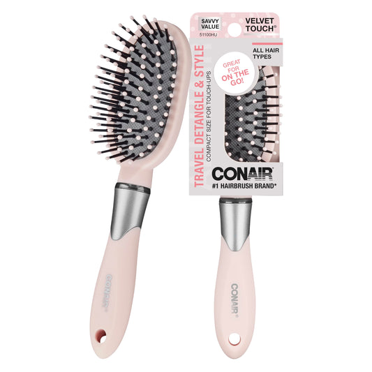 Conair Velvet Touch oval cushion hair brush - Travel Hairbrush- Detangling - curly or straight styles - detangler brushes - women or men - Blush Pink