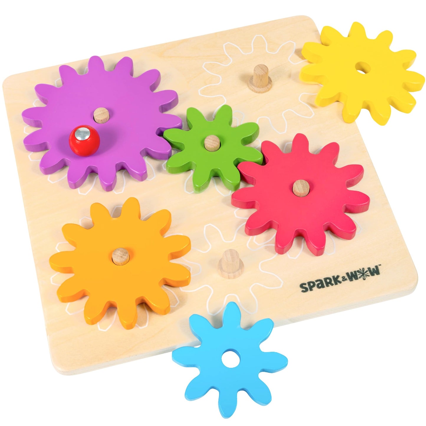 SPARK & WOW Spinny Gears | Wooden Gear Board with 6 Pieces in 3 Sizes | Cause and Effect Toys | Create Colorful, Spinning Combinations