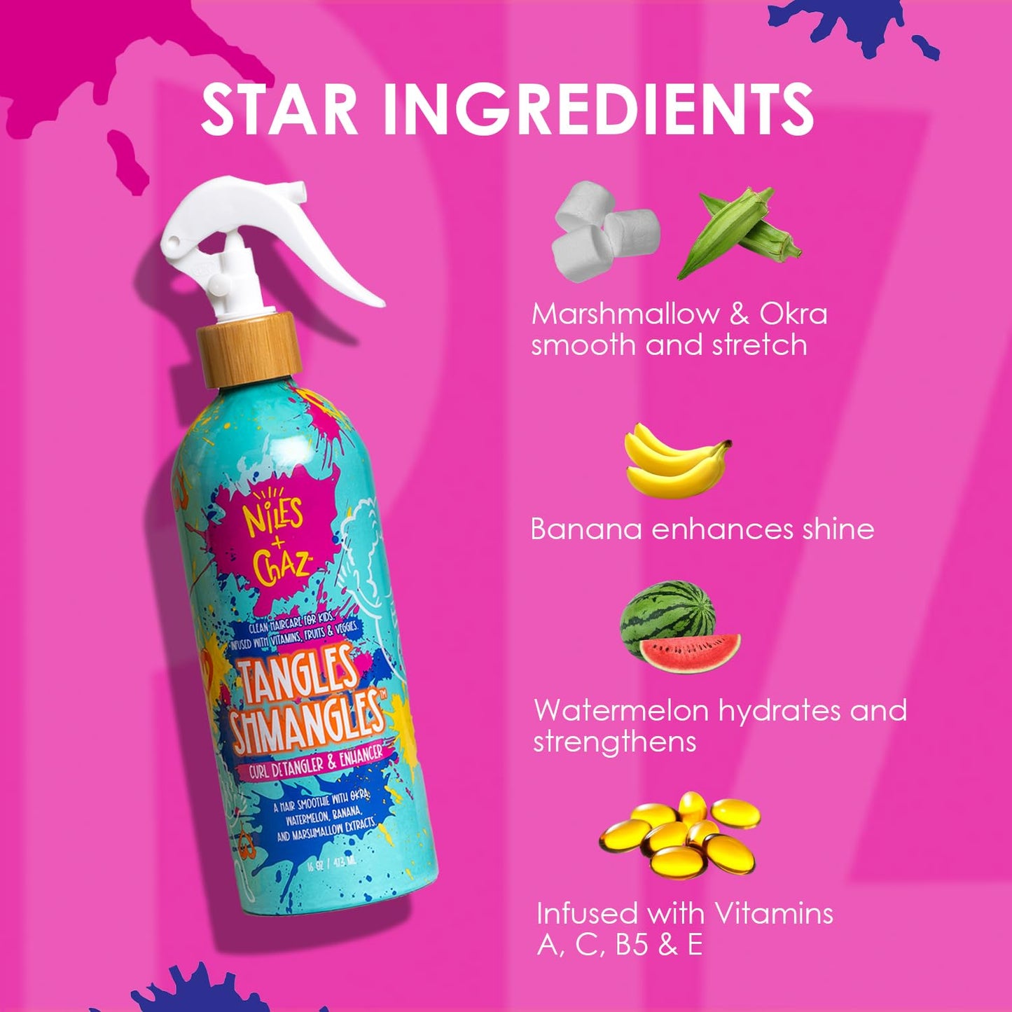 Niles & Chaz Tangles Shmangles Kids Detangler & Curl Enhancer - Hydrating Leave-In Conditioner, Frizz-Free Curls, 16 fl oz