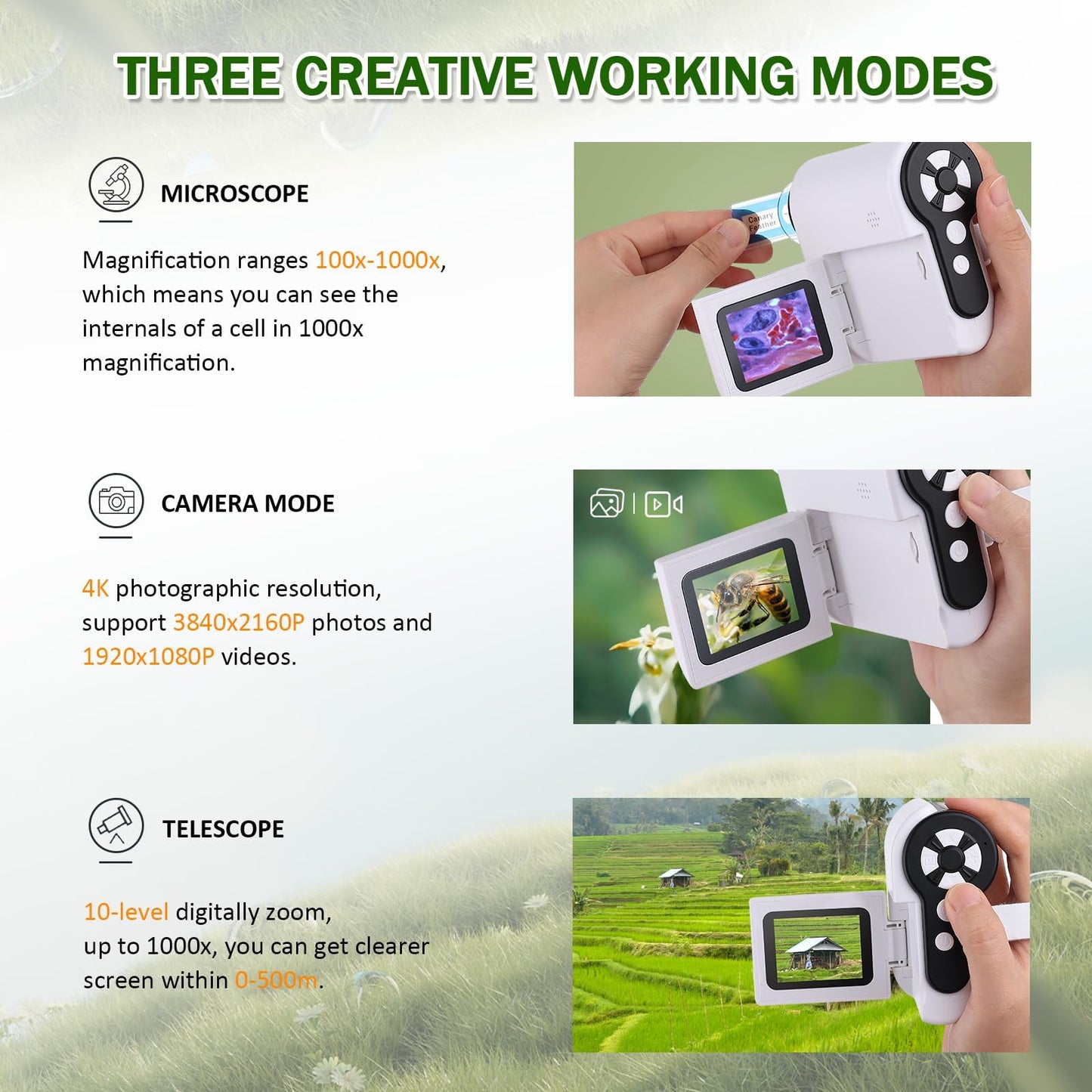 Barchrons 1000X Handheld Microscope for Kids – 4K Mini Pocket Microscope with 2" Screen, 6 LED Lights, STEM Science Gift for Ages 8-12