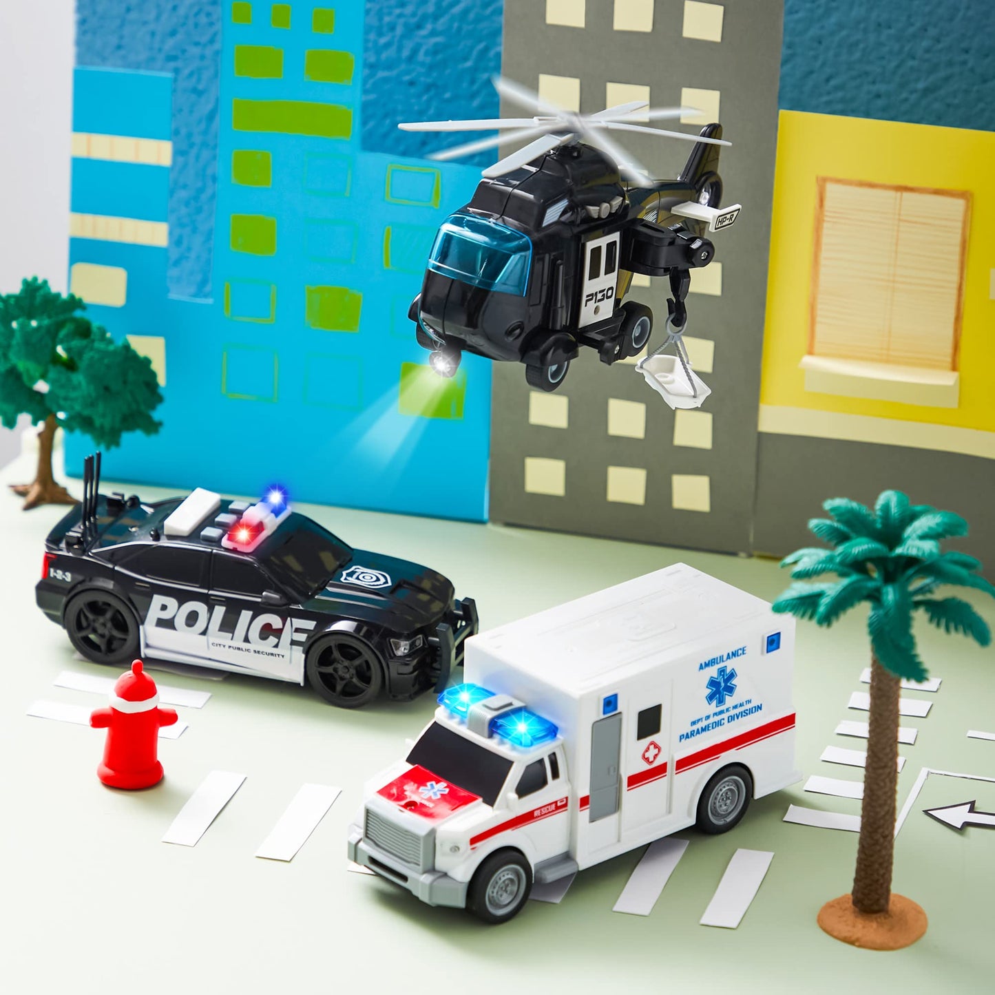 JOYIN Toddler Truck Toy Set for Boys & Girls 3-9 – Friction Powered Police & Emergency Vehicles with Lights & Sounds, Birthday & Christmas Gift