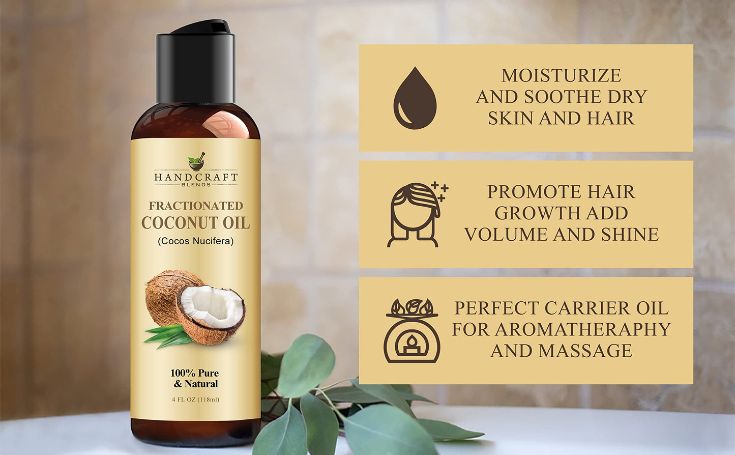 Handcraft Blends Fractionated Coconut Oil - 4 Fl Oz - 100% Pure and Natural - Premium Grade Carrier Oil for Skin and Hair - Hair and Body - Massage