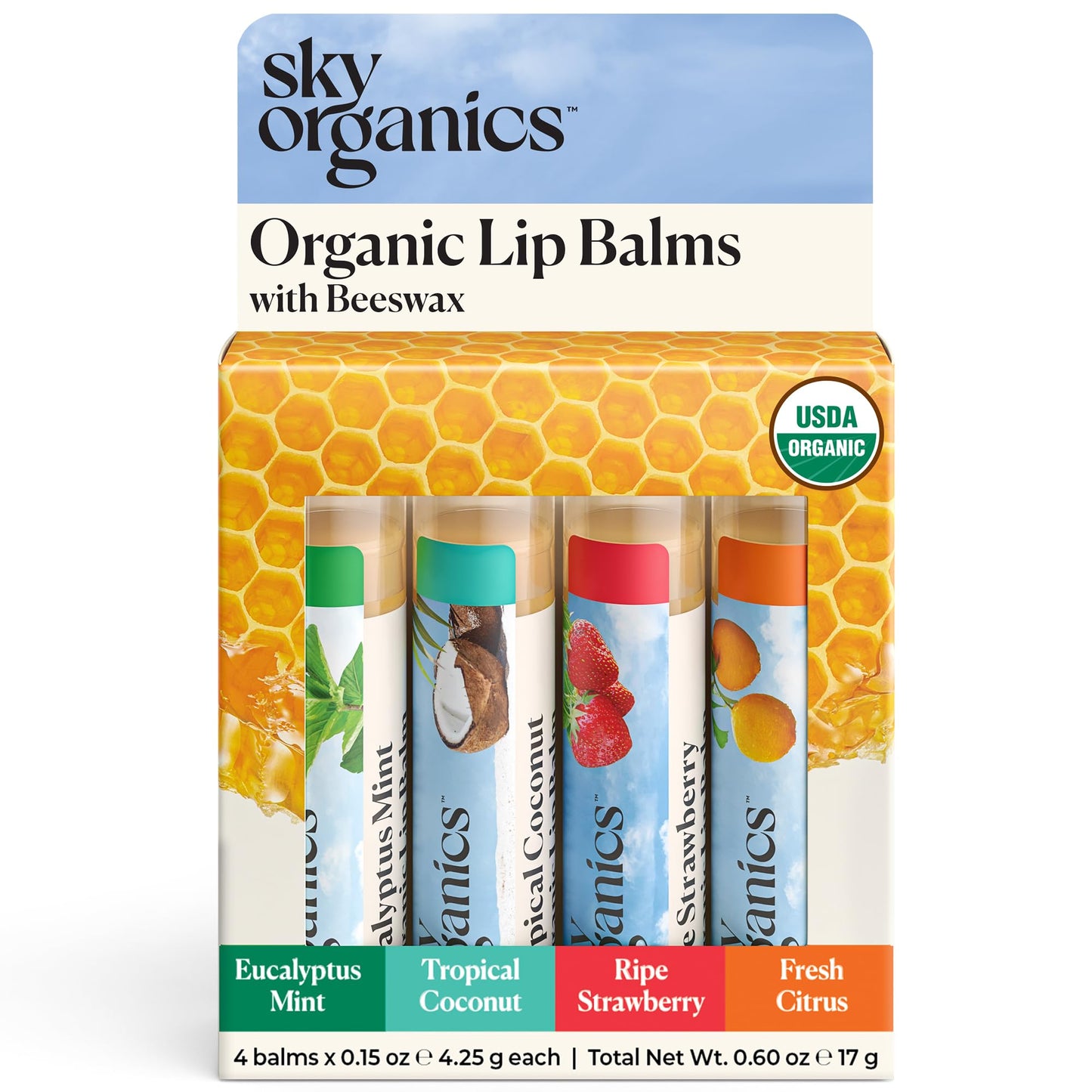 Sky Organics Organic Lip Balms With Beeswax for Lips, USDA Certified Organic, Four Assorted Flavors to Moisturize, Soothe & Soften, 4pk.