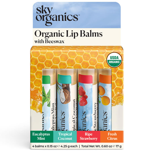 Sky Organics Organic Lip Balms With Beeswax for Lips, USDA Certified Organic, Four Assorted Flavors to Moisturize, Soothe & Soften, 4pk.
