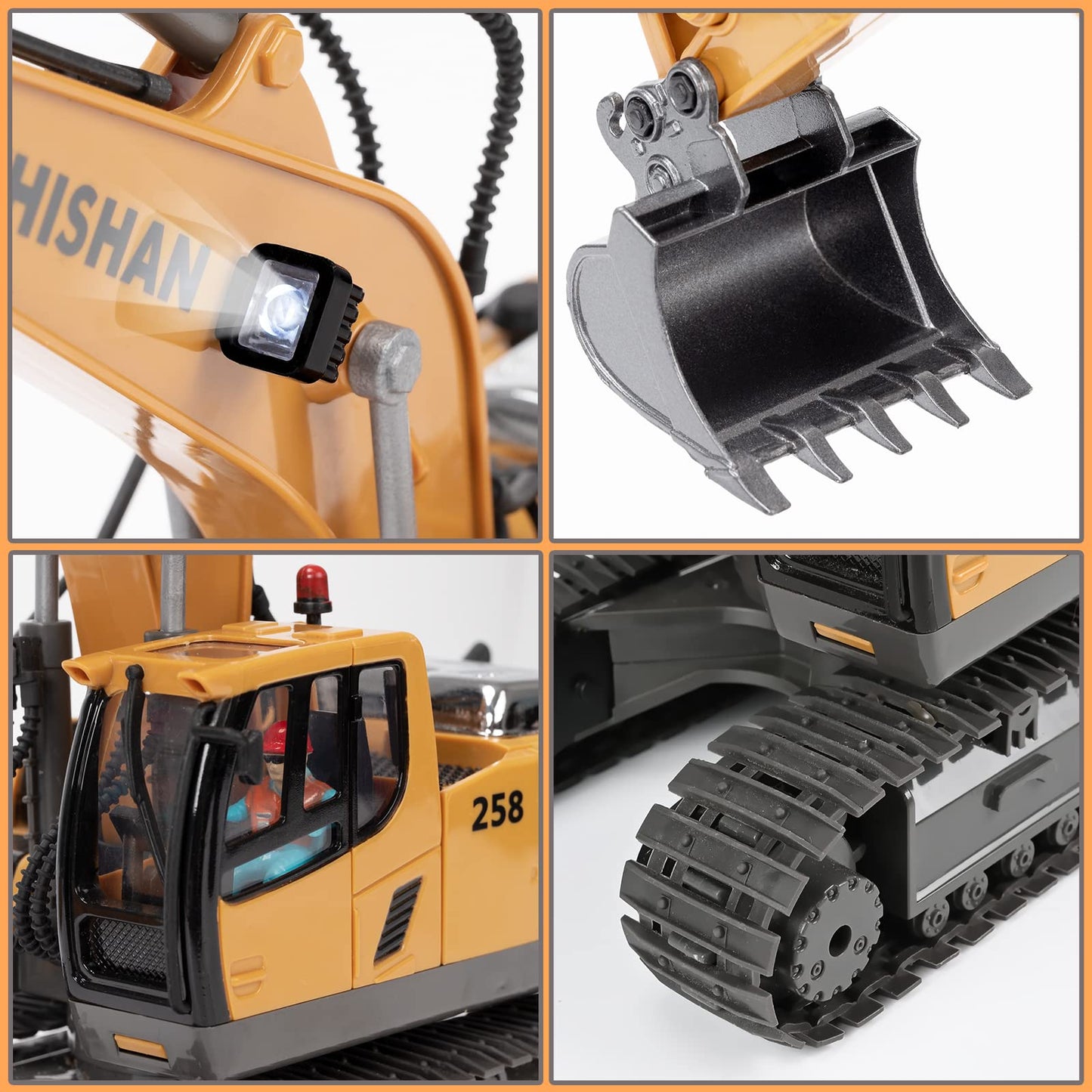 KidsFaves Remote Control Excavator Toy for Boys, 680° Turn, Metal Shovel, Lights & Sounds, 2 Batteries, Construction Toy Gift Ages 3-8