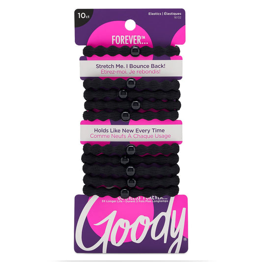 Goody Ouchless Forever Hair Elastics, 10 Ct Black – Damage-Free, 3X Stronger Bands with 16-Strand Core, Retain Shape for All Hair Types