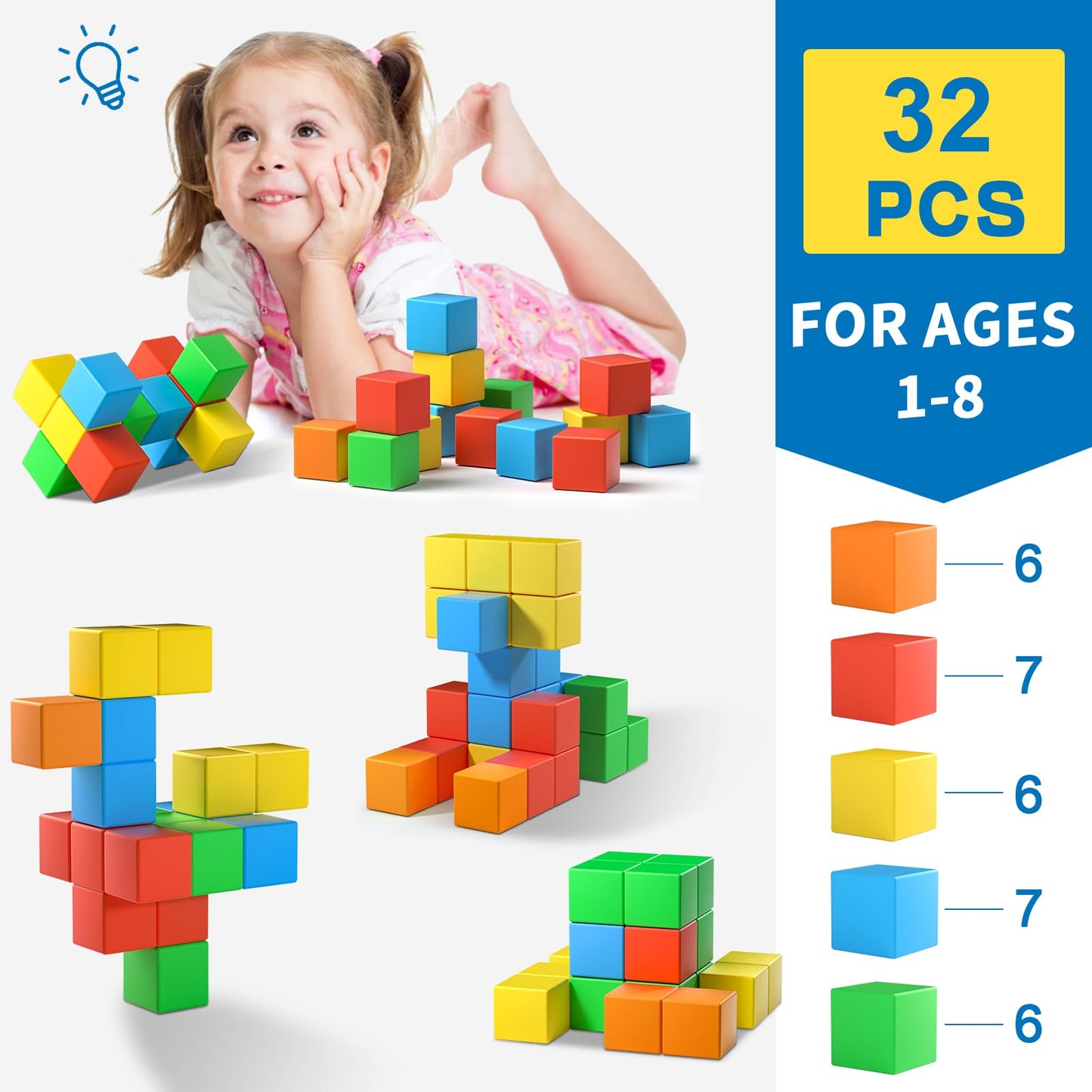 32pcs Large Magnetic Building Blocks for Toddlers & Kids, 1.42" Color Cubes, STEM Learning & Sensory Toy Gift for Ages 1-8