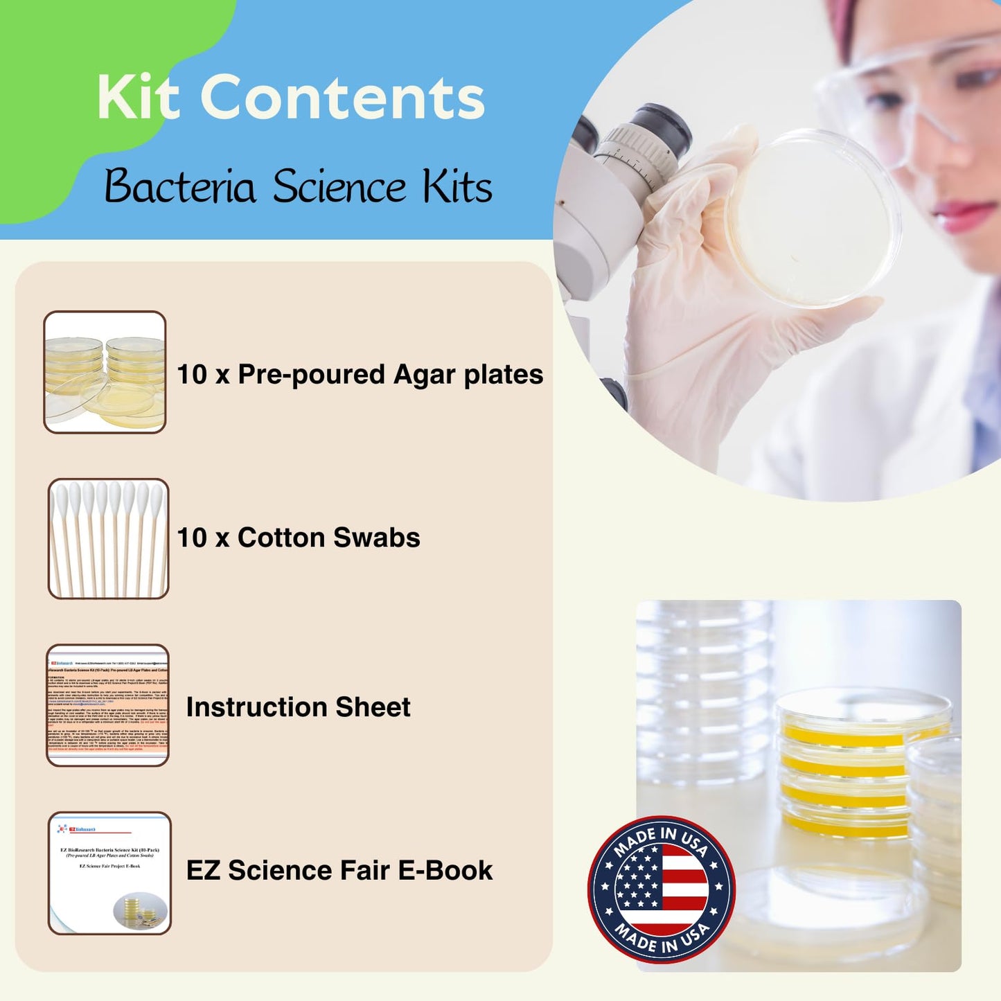 EZ BioResearch Bacteria Science Kit IV – Prepoured LB-Agar Plates & Cotton Swabs, Science Fair Project Kit with Free E-Book