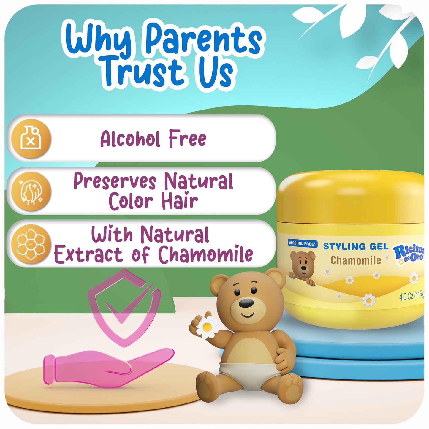 Ricitos de Oro Chamomile Hair Gel for Babies & Kids, Alcohol-Free, Non-Greasy, Hypoallergenic, Tear-Free, Gentle Daily Use, 4.05 Oz, 3-Pack