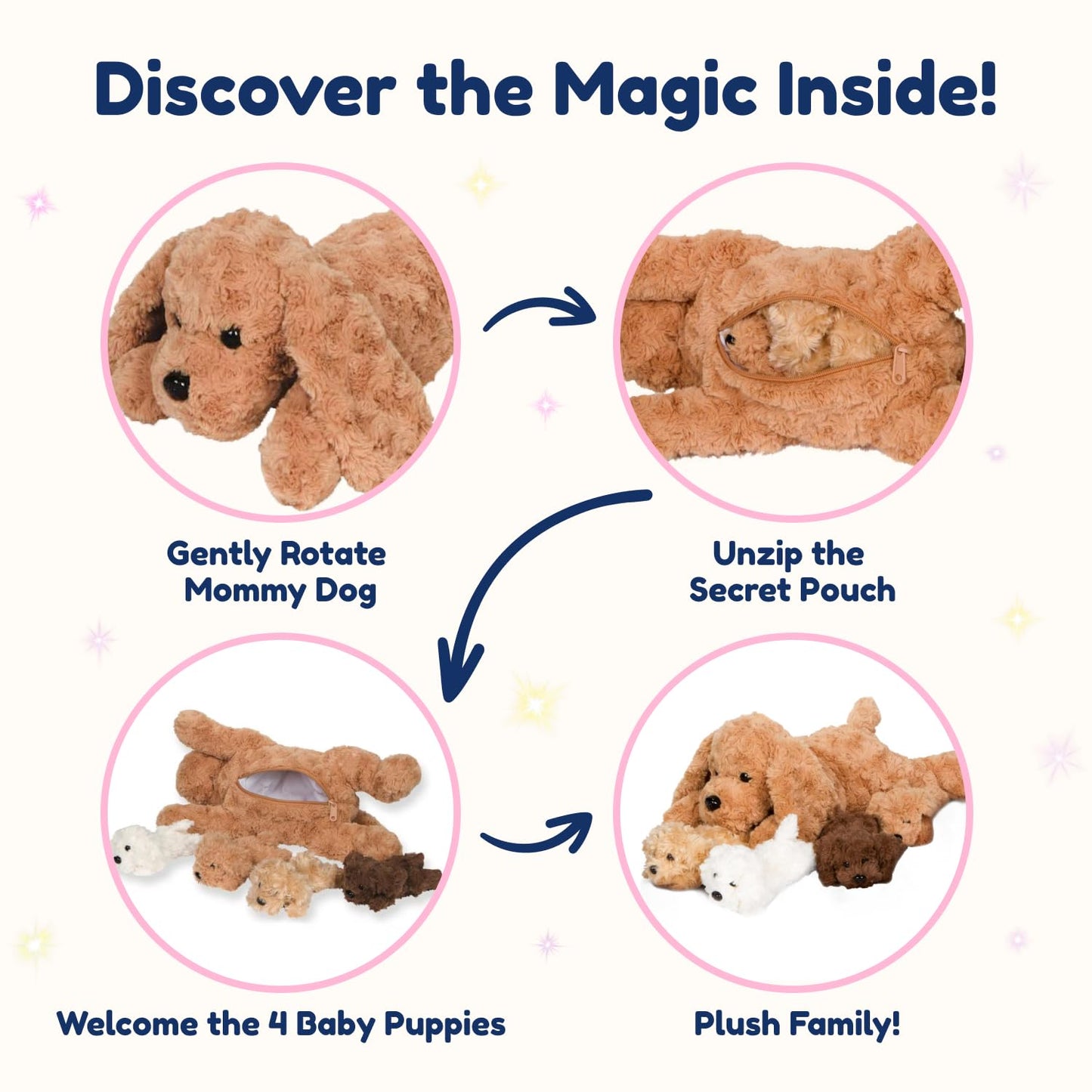 PixieCrush Adopt Me Dog Plush Set – Labradoodle Pillow with 4 Surprise Puppies Inside – Cute Stuffed Animals for Girls 3+