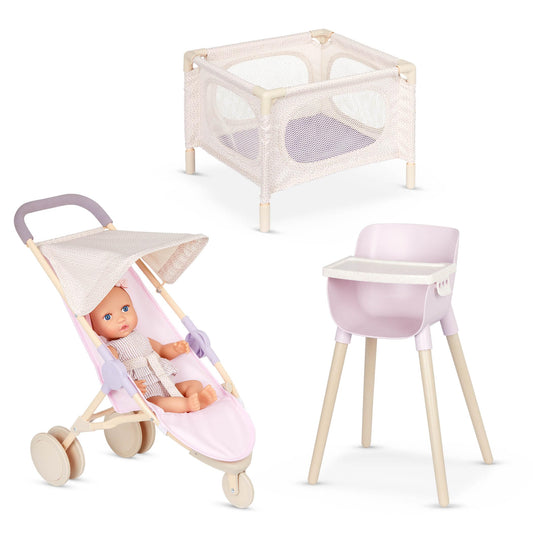 LullaBaby 14" Realistic Baby Doll with Fair Skin & Blue Eyes – Nursery Set with High Chair, Playpen & Stroller – Pretend Play Toy 2+