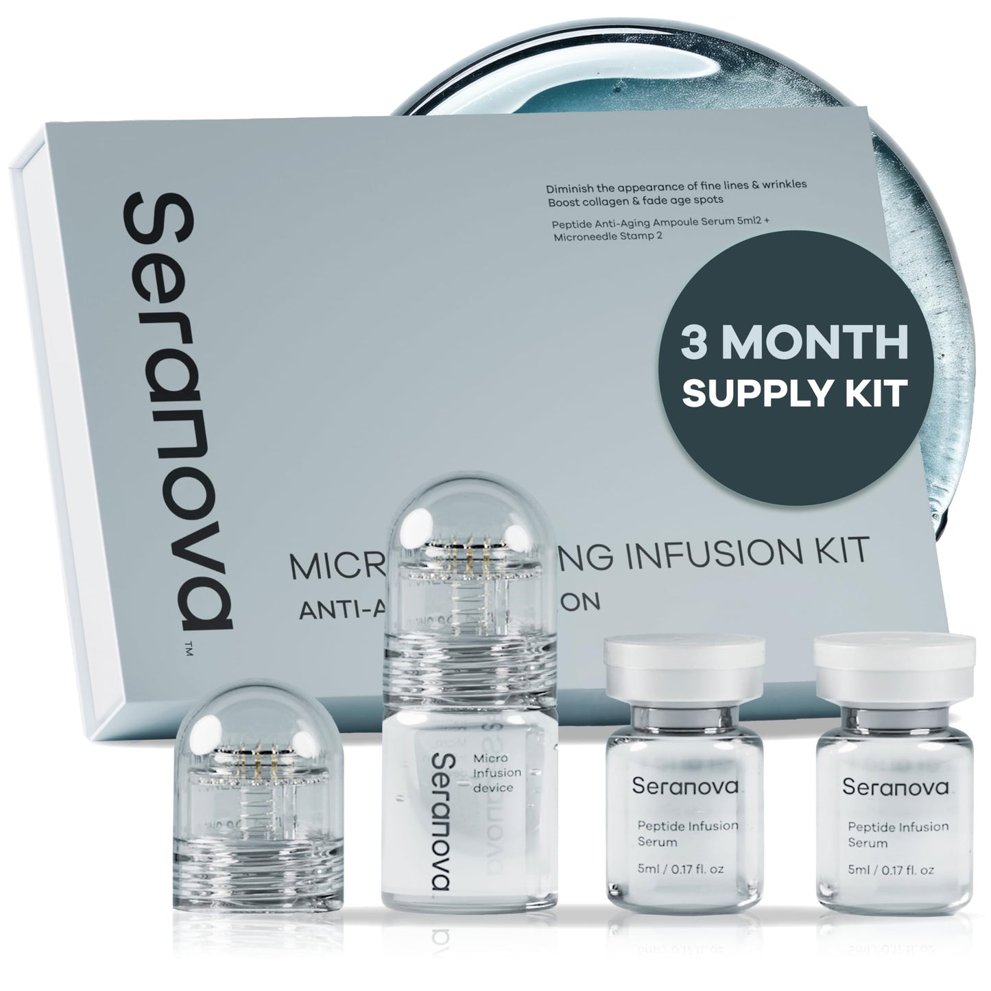 Seranova Micro Infusion Stamp 0.05mm for Face & Neck with Hyaluronic Acid & Collagen Peptide Serum – 3-Month At-Home Skin Care