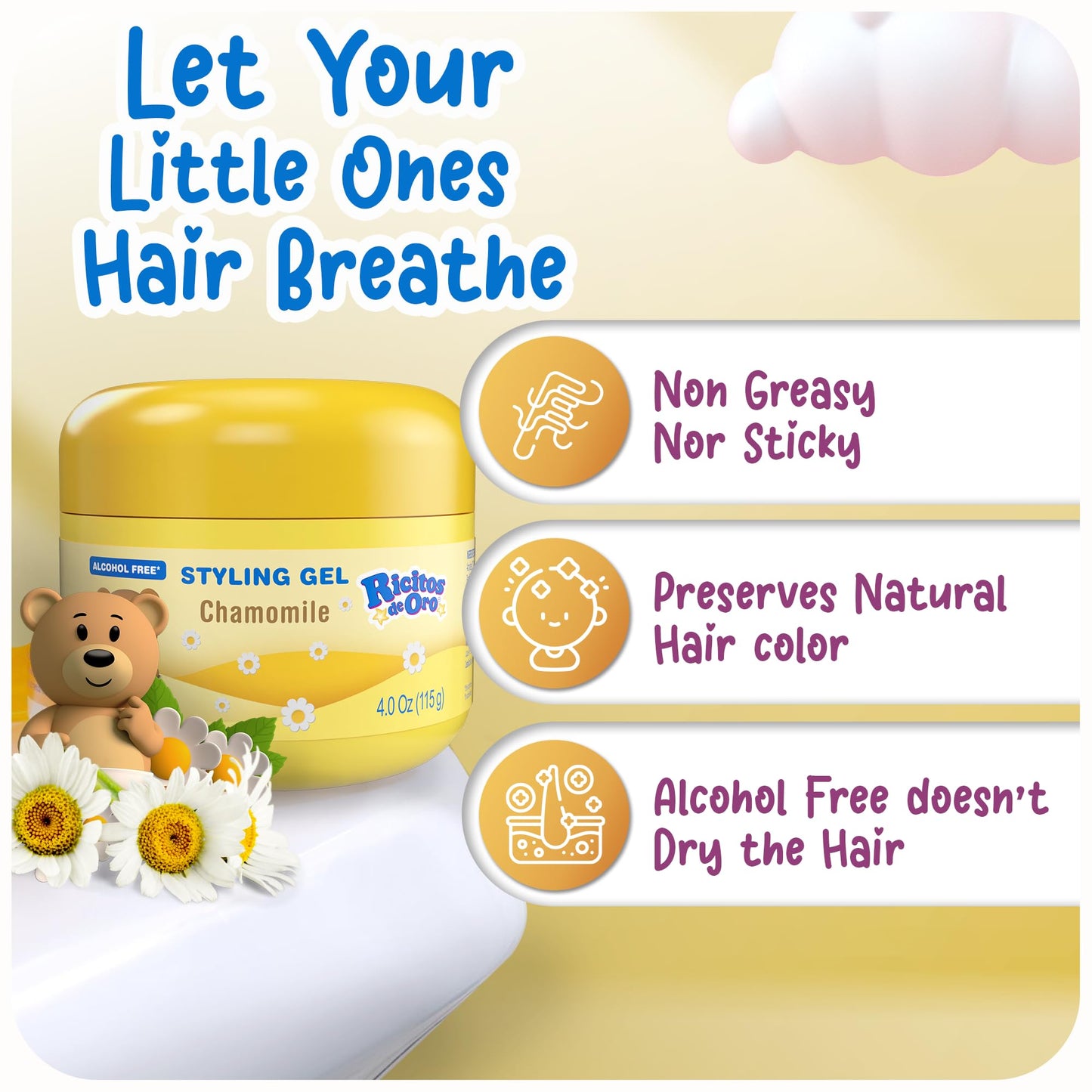 Ricitos de Oro Chamomile Hair Gel for Babies & Kids, Alcohol-Free, Non-Greasy, Hypoallergenic, Tear-Free, Gentle Daily Use, 4.05 Oz, 3-Pack