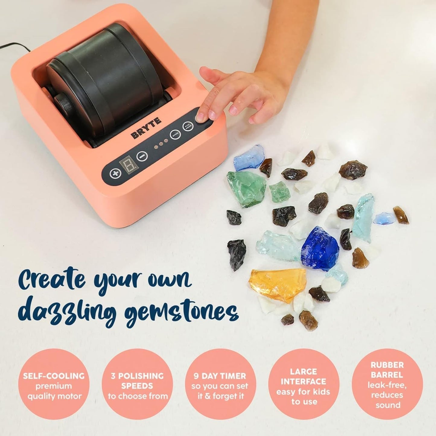 BRYTE Pink Rock Tumbler – 3 Speeds, 9-Day Digital Timer, Self-Cooling Motor, Dual Injection, Professional Polisher Kit for Kids & Adults