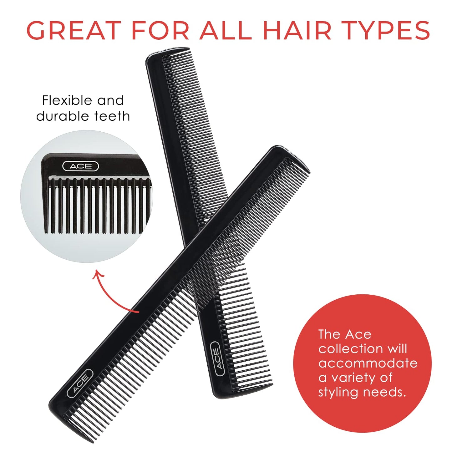 GOODY ACE ACE All Purpose Hair Comb - 7 Inch, Black - Great for All Hair Types - Fine Comb Teeth for Thin to Medium Hair,61286, 1 Count (Pack of 1)