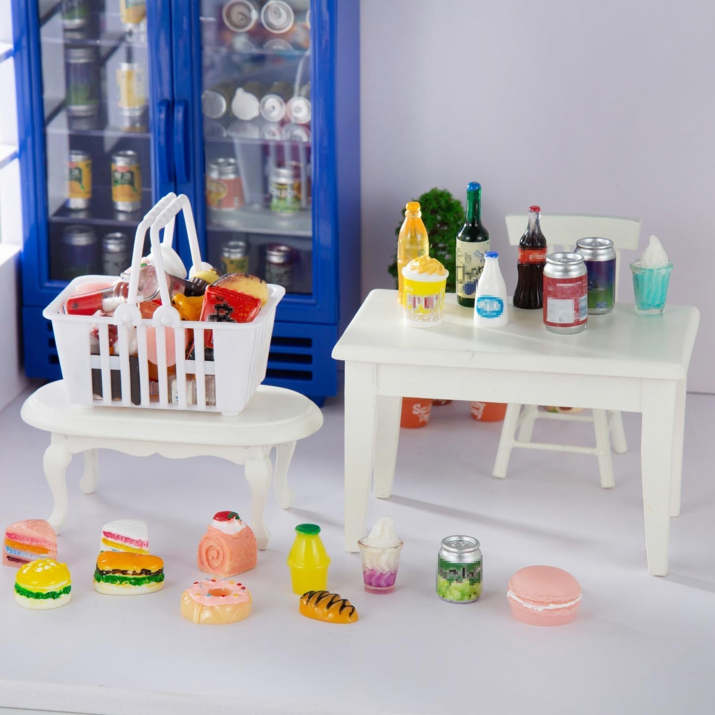 50 Pcs Miniature Food & Drink Bottles for 1/12 Dollhouse – Soda, Snacks, Cake, Ice Cream, Pretend Play Kitchen Toys (25 Food + 25 Drink)