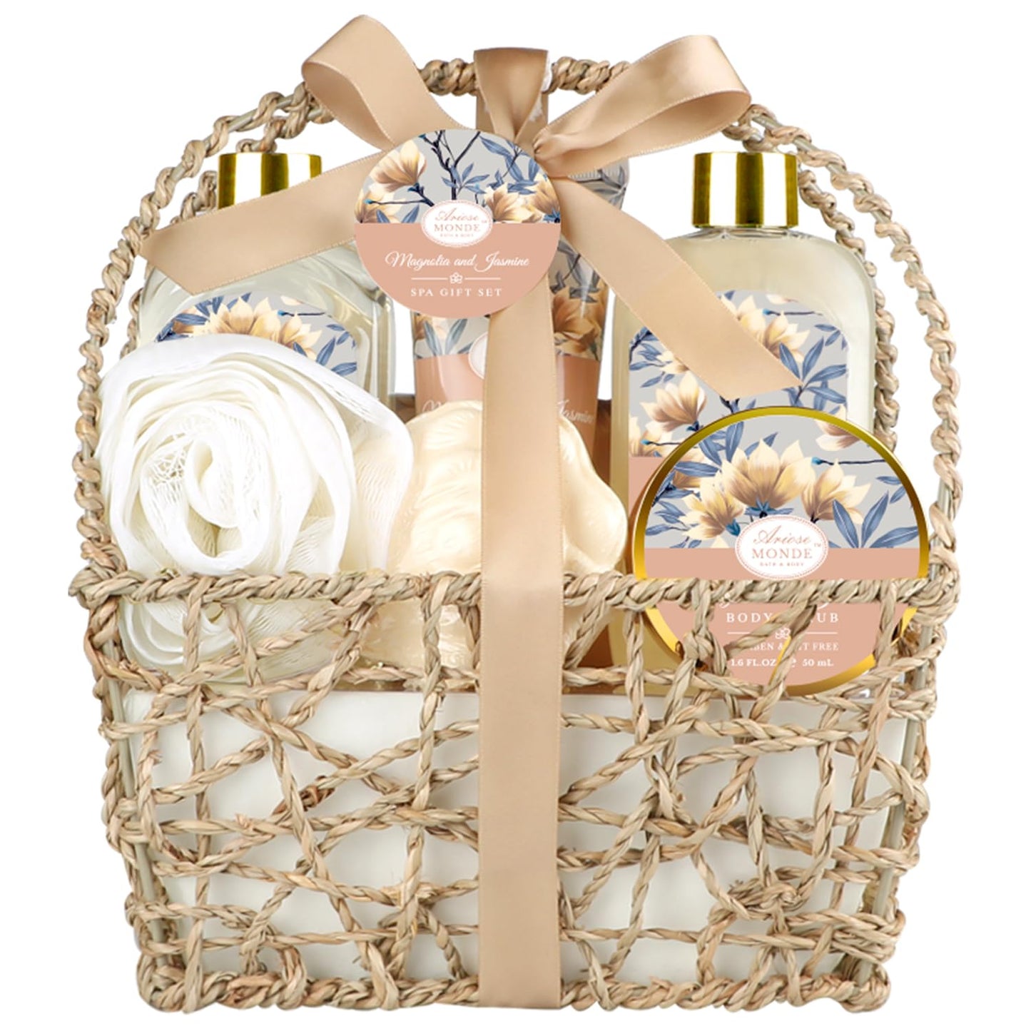 Home Spa Gift Basket for Women – Bath Set with Lotion, Shower Gel, Bubble Bath, Scrub, Bath Salt & Bombs, Magnolia & Jasmine Scent