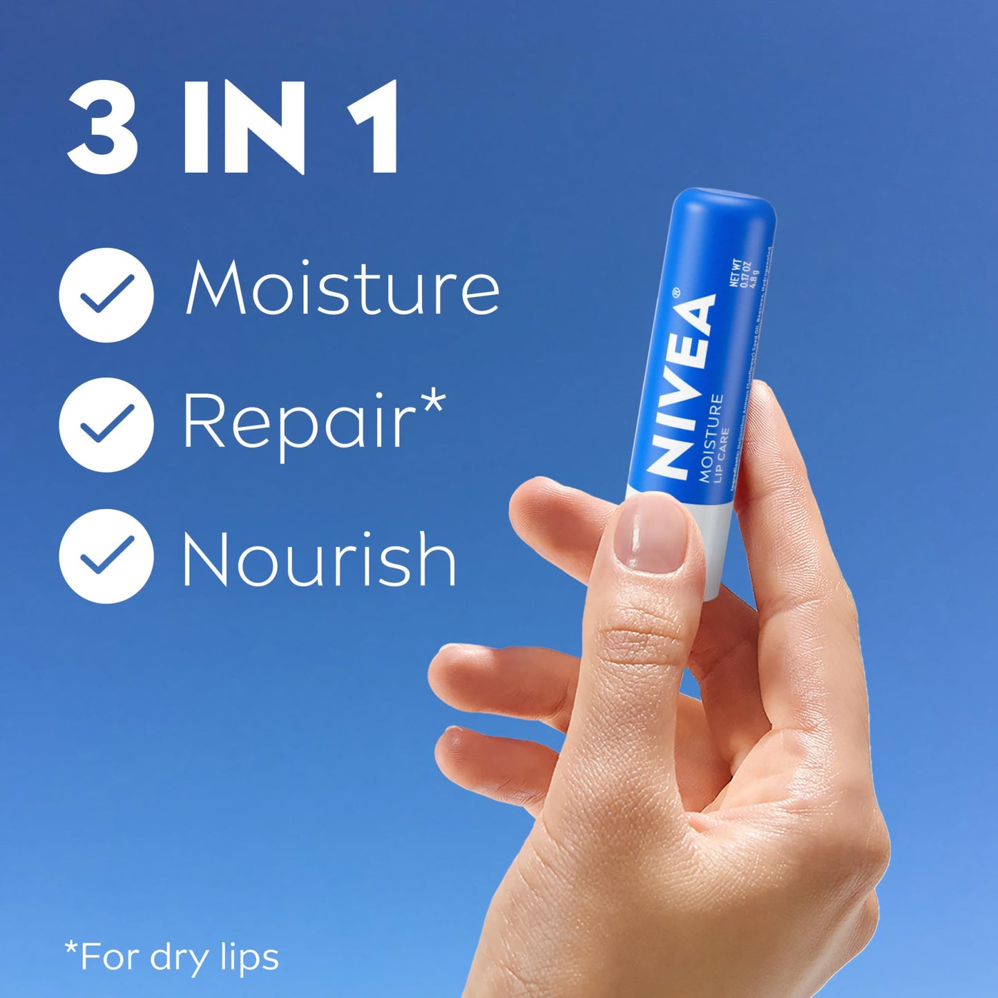 NIVEA Moisture Lip Care 4-Pack – Hydrating Lip Balm with Shea Butter, Oils, Vitamins C & E for Moisture, Repair & Nourishment, 0.17oz