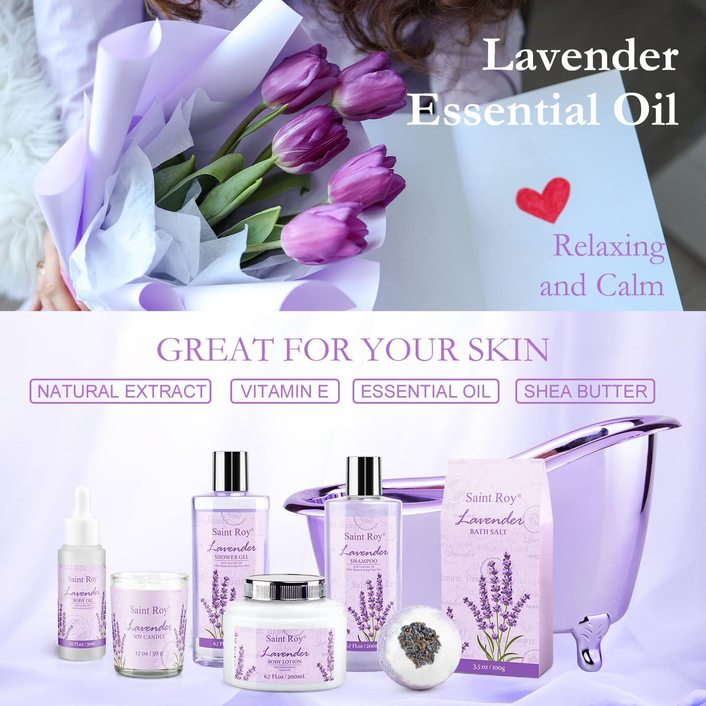 Lavender Spa Gift Basket for Women – Bath Set with Shower Gel, Home Spa Kit, Relaxing Gifts for Mom, Christmas & Mother's Day