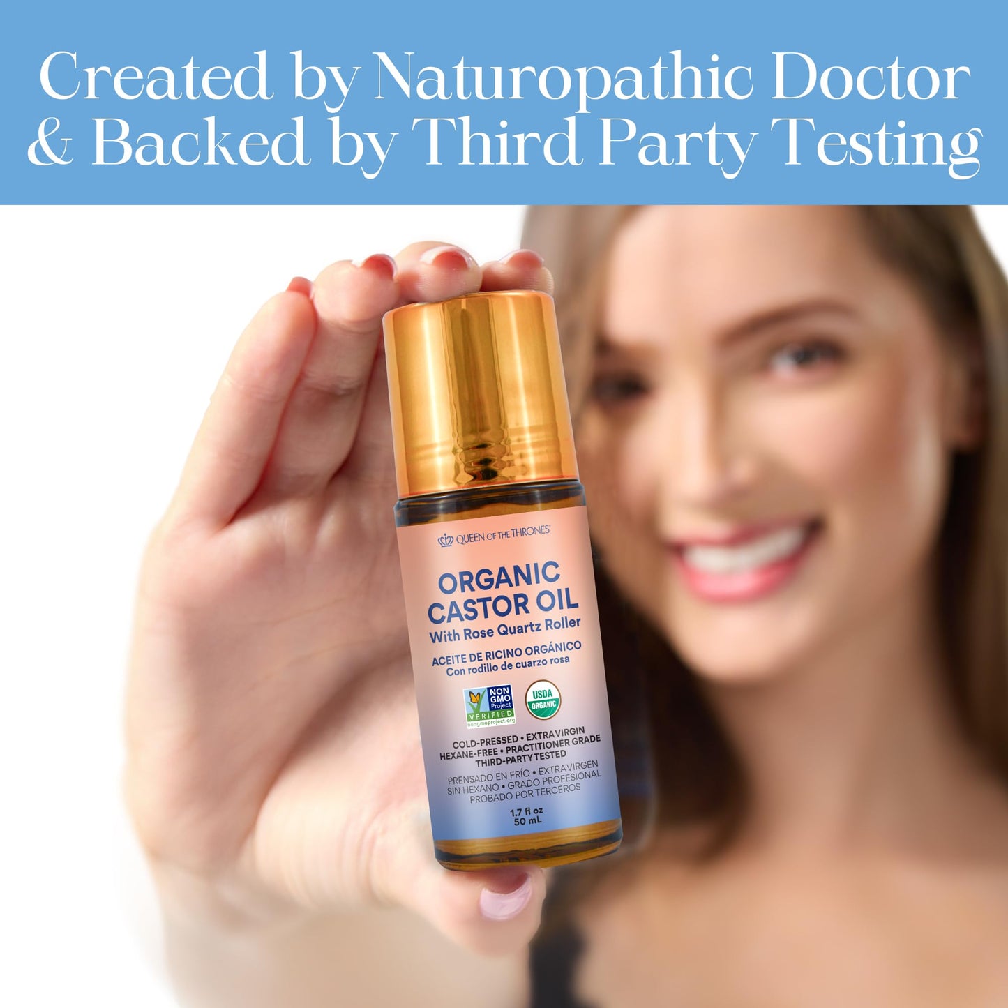 Queen of the Thrones Organic Golden Castor Oil Roll-On with Rose Quartz – Pure, Hexane-Free, Cold-Pressed for Skin, Brows & Lashes, 50mL