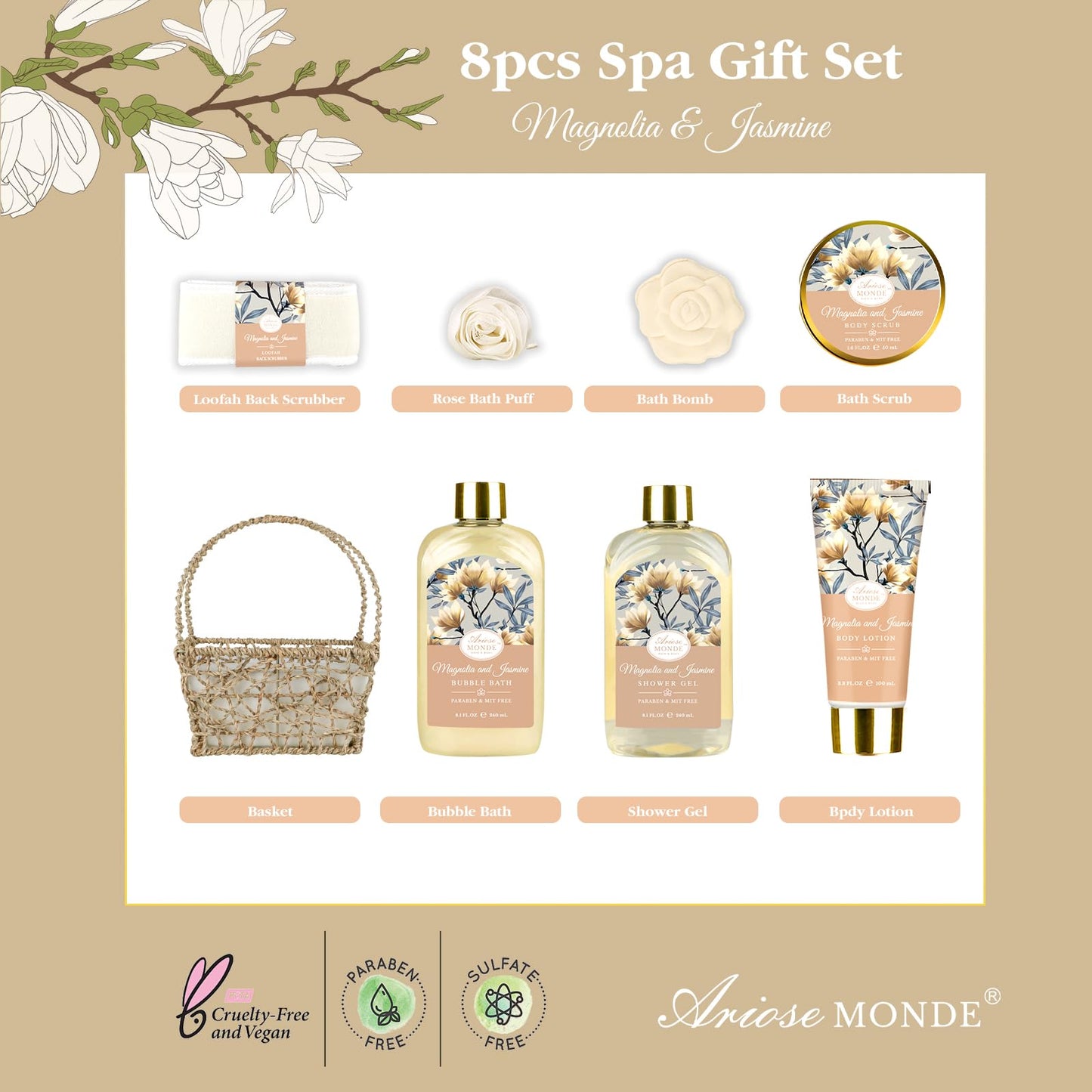 Home Spa Gift Basket for Women – Bath Set with Lotion, Shower Gel, Bubble Bath, Scrub, Bath Salt & Bombs, Magnolia & Jasmine Scent