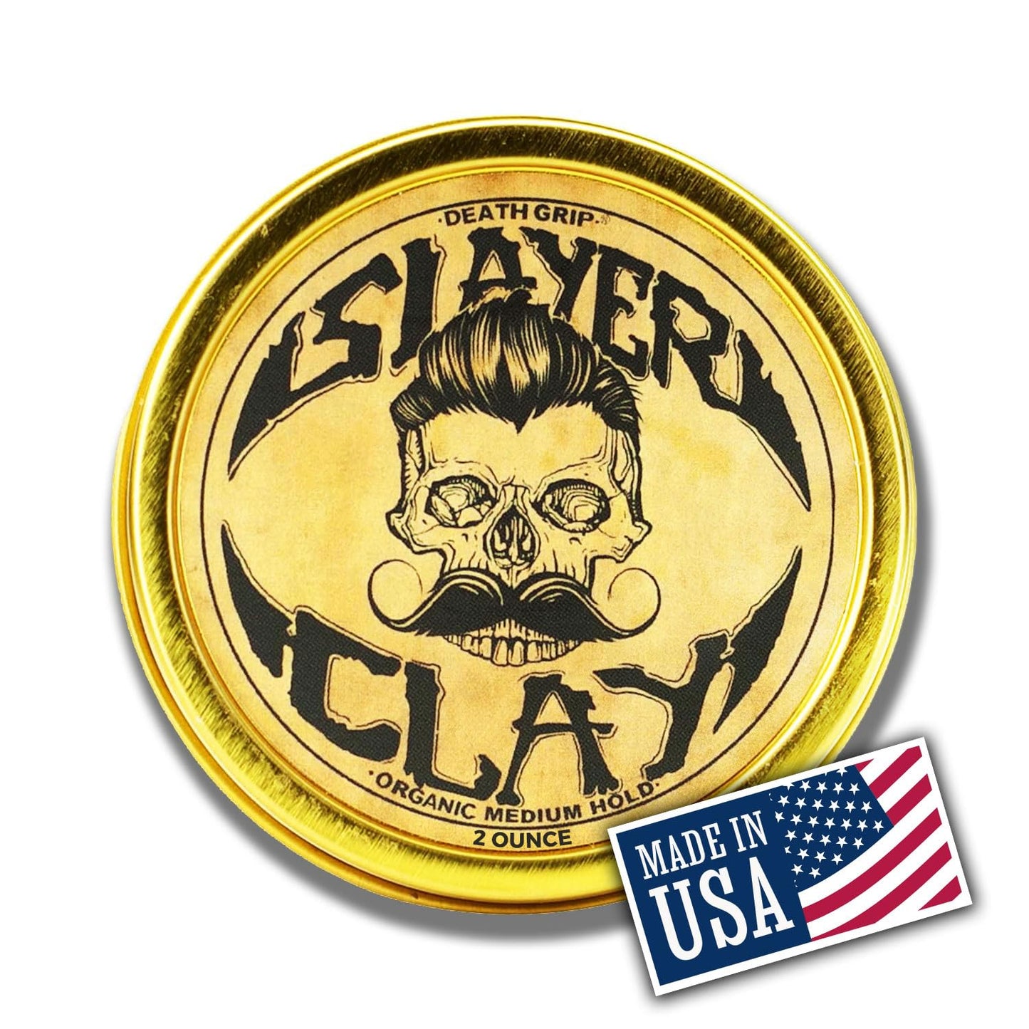Death Grip Slayer Hair Clay for Men – Organic Medium Hold Styling Clay with Bentonite – Matte Finish, Non-Greasy, Anti-Dandruff, 2 Oz Tin
