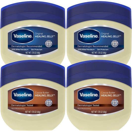 Vaseline Original & Cocoa Butter Healing Jelly 4-Pack – Travel Size 1.75oz Each, Rich Moisturizing Ointment for Dry, Cracked Skin Protection