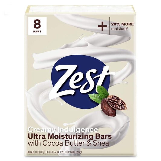 Zest Bar Soap 8-Pack – Enriched with Cocoa Butter & Shea, Ultra Moisturizing Cleansing Bars for Silky Smooth, Hydrated Skin