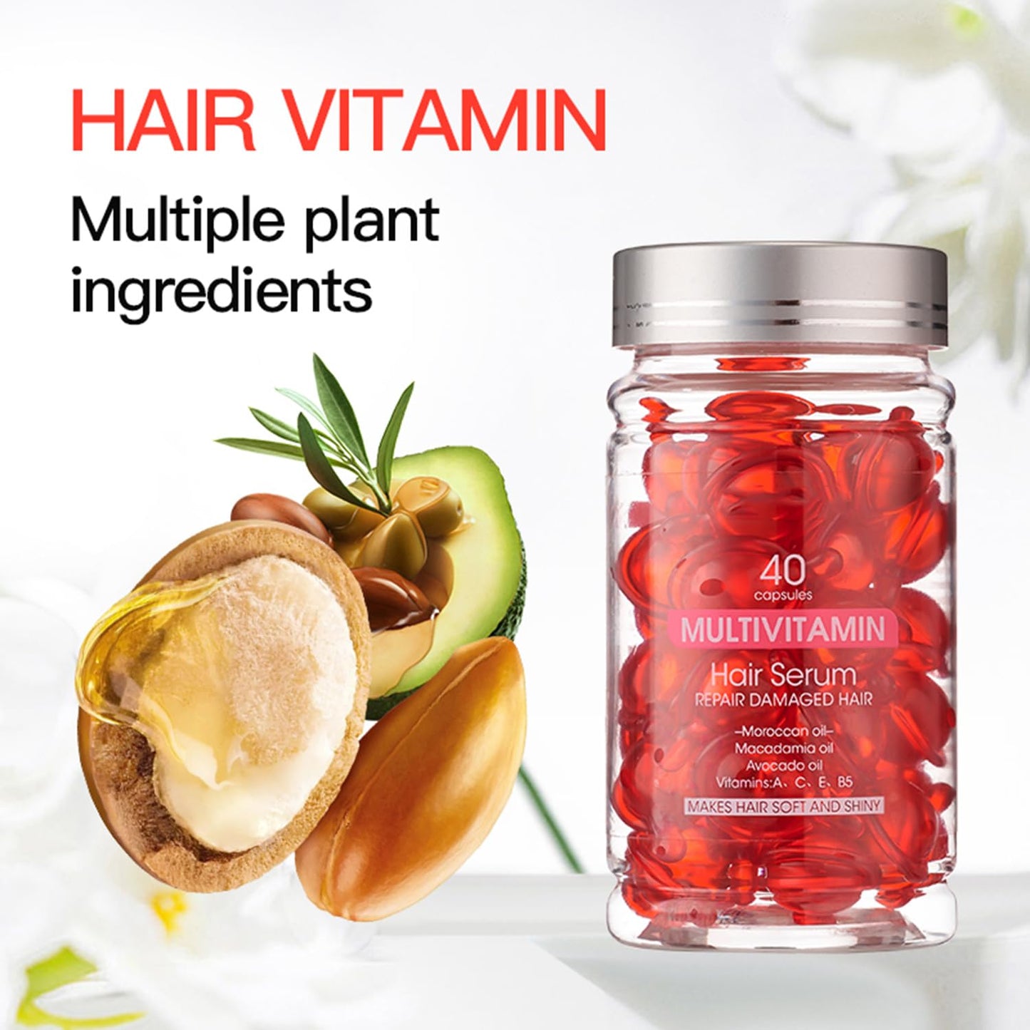 YP Hair Vitamins 40 Capsules with A, C, E, B5 – Leave-In Conditioner & Nourishing Hair Oil Serum with Argan & Avocado Oil for Frizzy Hair, Men & Women