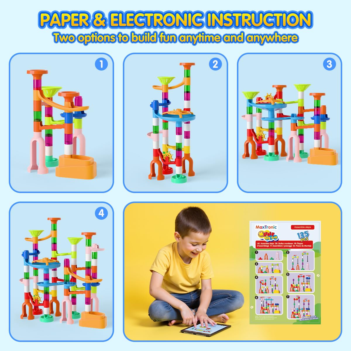 Marble Run for Kids,135 PCS Marble Maze Track Set - Educational Building Block Toys Set for Boys Girls STEM Learning (75 Blocks + 60 Marbles)