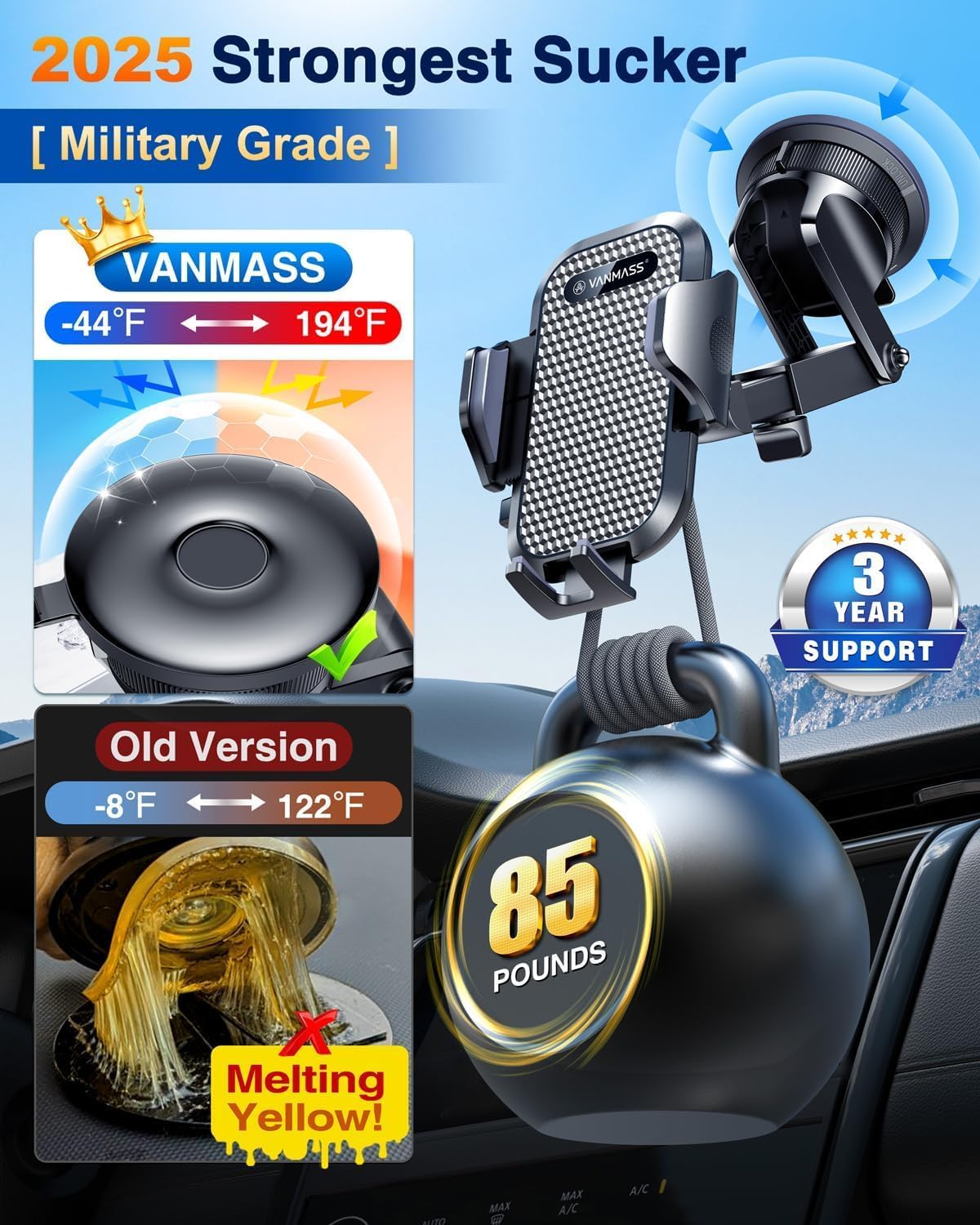 [2025 True Military-Grade] Car Phone Holder VANMASS [Upgraded Strongest Suction & Clip] Cell Phone Mount for Dashboard Windshield Vent Wall,Truck Cradle Stand for iPhone 17 Pro Max 16 15 14 13 Android