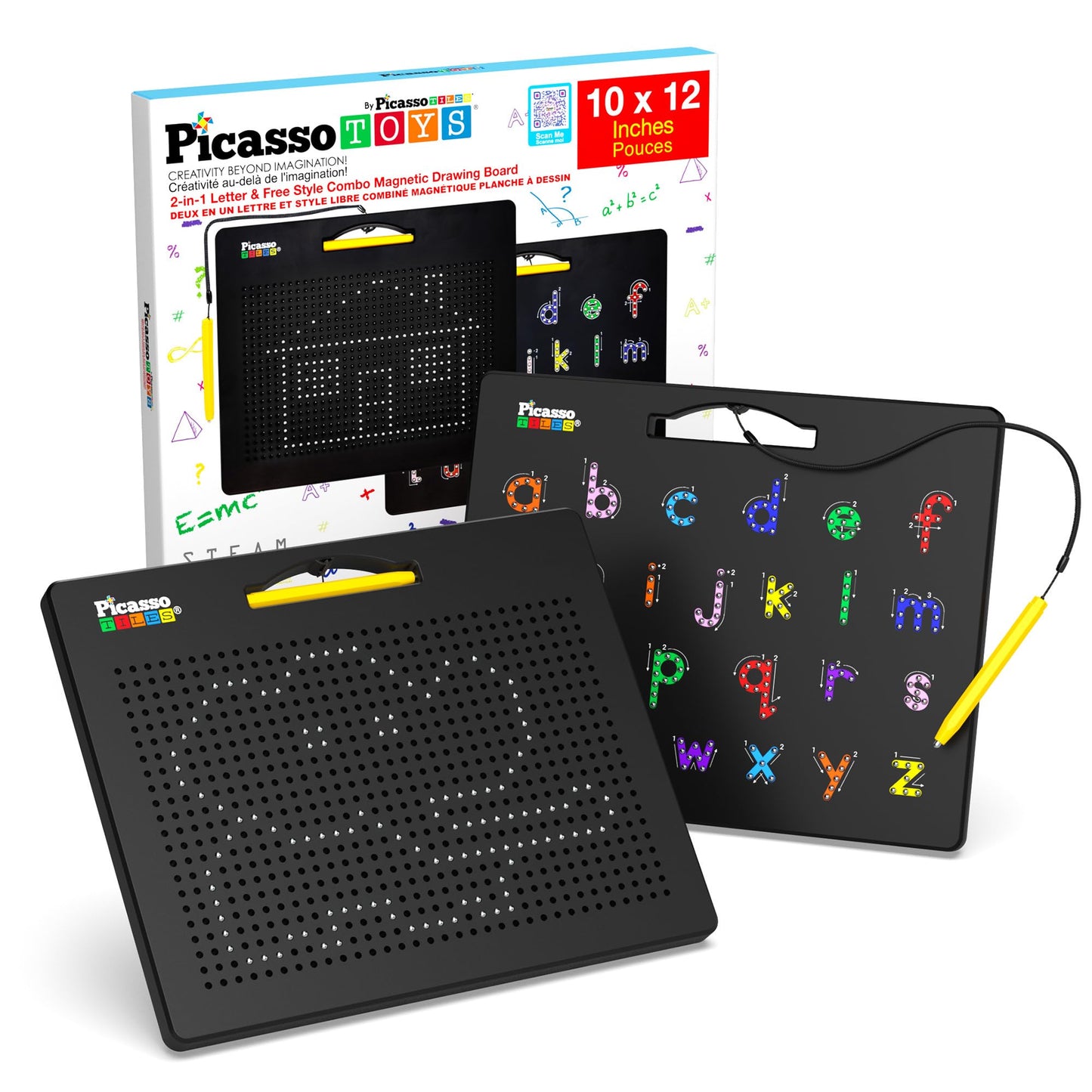PicassoTiles 12x10" 2-in-1 Magnetic Drawing Board Toy – Double-Sided STEM Learning Pad, Alphabet, Erasable & Reusable Playboard (Black PTB04)