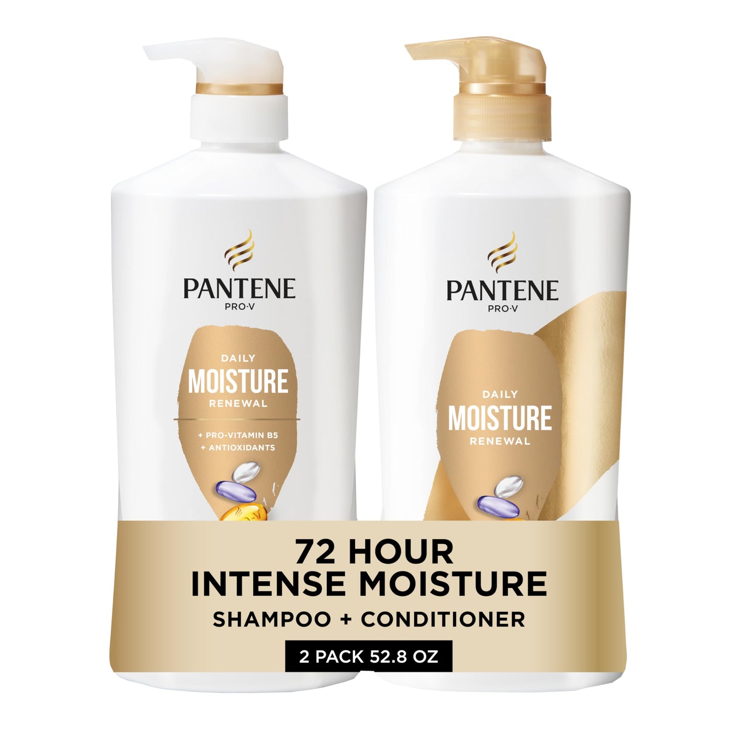 Pantene Daily Moisture Renewal Shampoo & Conditioner Set with Pro-V Nutrients for Dry, Color-Treated Hair + Miracle Rescue Shot, 52.8 Oz