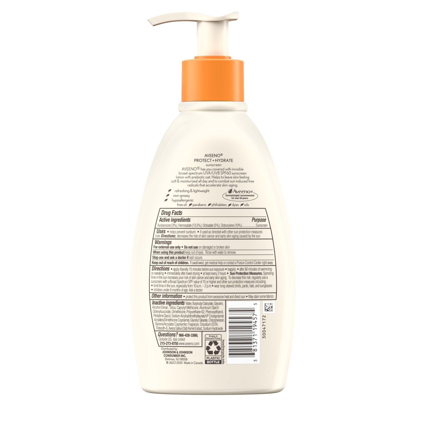 Aveeno Protect + Hydrate Sunscreen Lotion SPF 60 – Moisturizing, Prebiotic Oat, Oil & Paraben Free, Water & Sweat Resistant, 12 oz