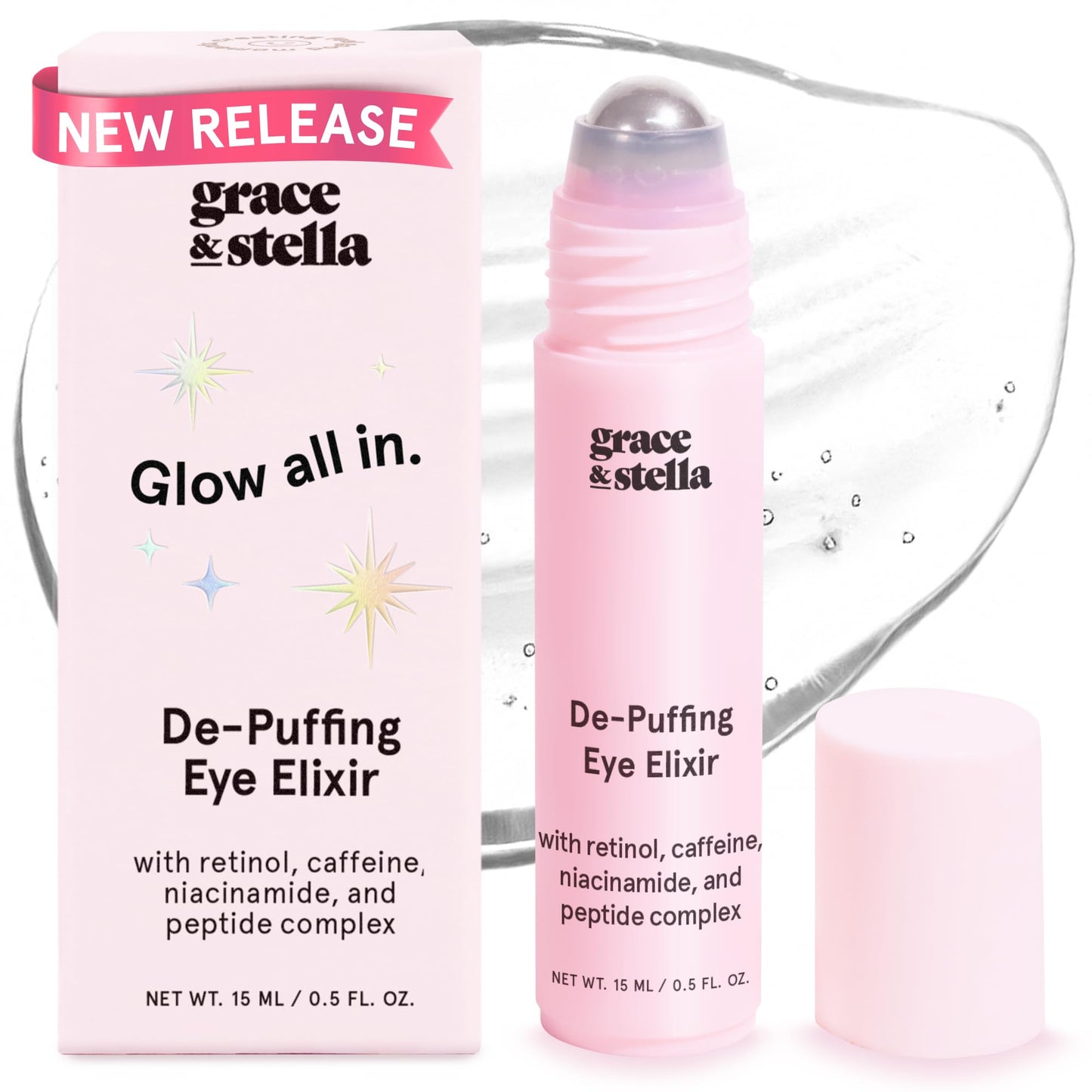 Grace & Stella Under Eye Brightener Roller - Travel Size Eye Serum with Retinol & Caffeine for Puffiness, Dark Circles & Wrinkles, Vegan 15ml