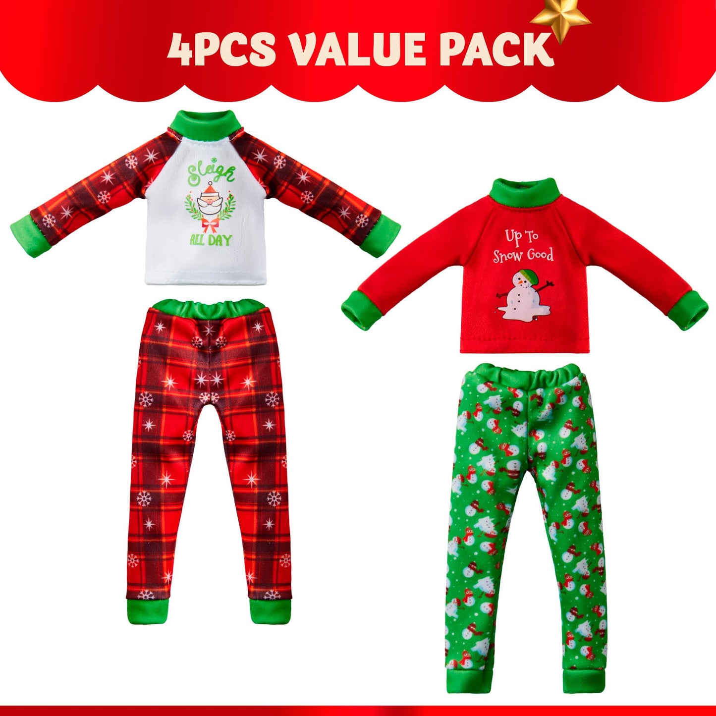 JOYIN 4-Pc Christmas Elf Doll Clothes Set – Ugly Sweaters for Santa, Snowman & Dolls, Red & Green Holiday Pajamas Decor