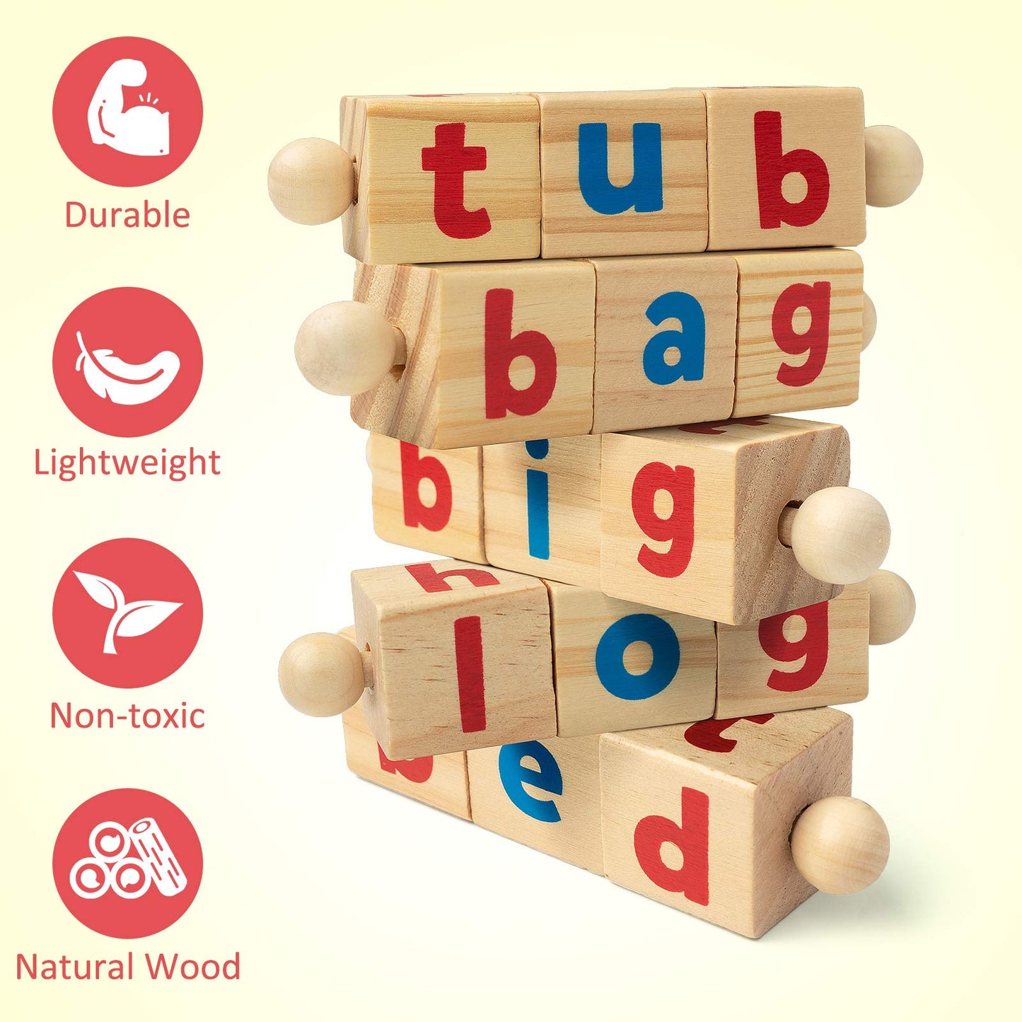 Coogam Wooden Short Vowel Reading Blocks – Rotating Letter Puzzle & Flash Cards, Montessori Spelling & Sight Word Toy for Kids
