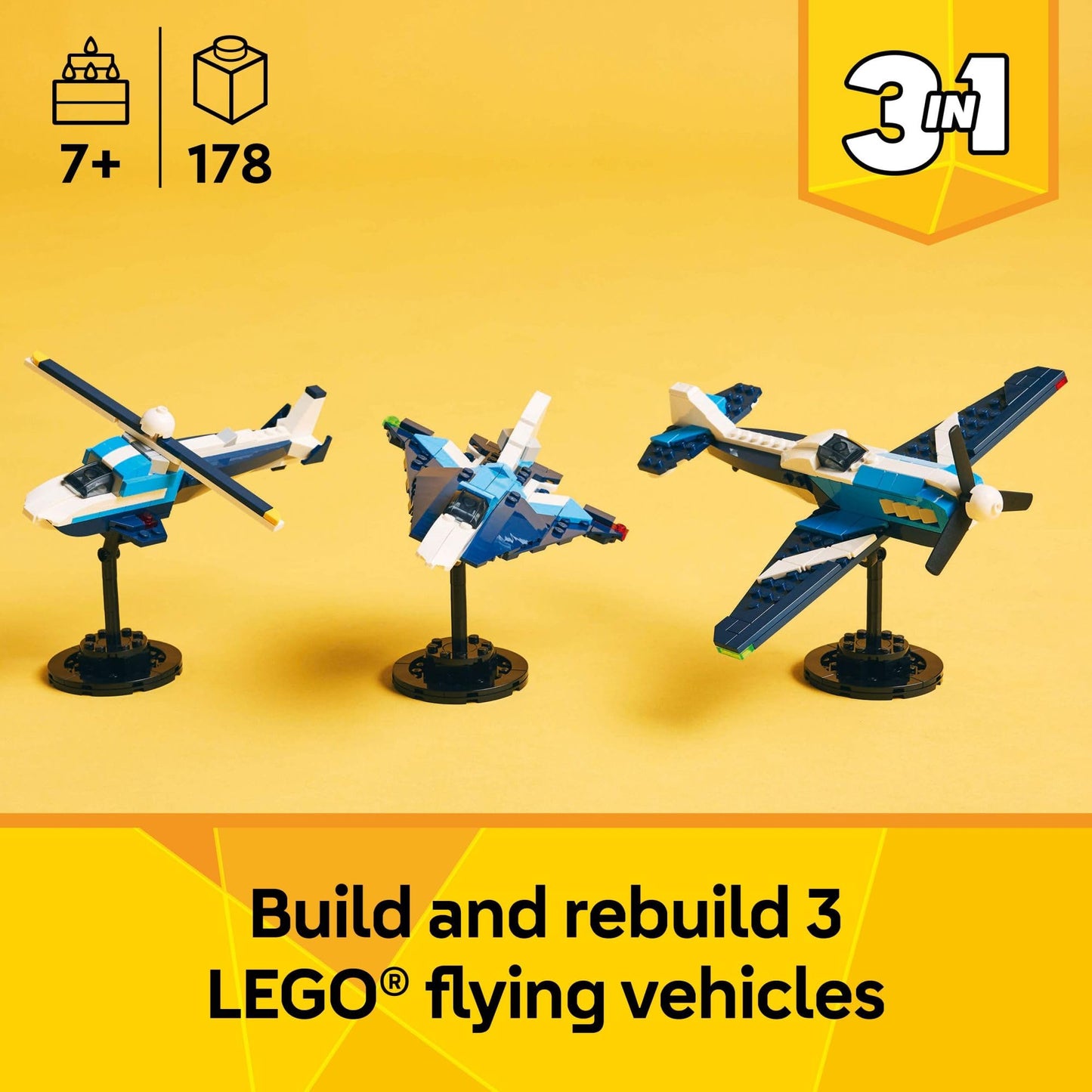 LEGO Creator 3-in-1 Aircraft Toy Set – Build Plane, Fighter Jet, or Helicopter – STEM Building Gift for Kids 7+, 31160