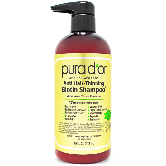 PURA D'OR Gold Label Anti-Thinning Shampoo, Argan Oil & Biotin, Sulfate-Free, Clinically Tested, For All Hair Types, 16 Fl Oz