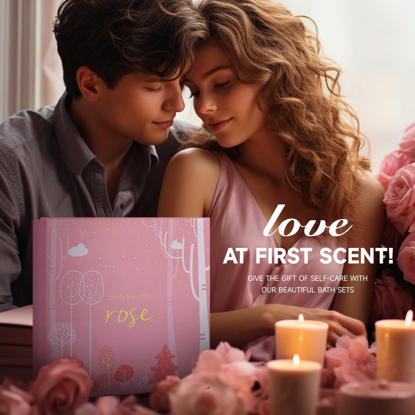 BODY & EARTH Luxurious 5-Pc Rose Scent Spa Gift Set for Women – Bath & Body Gift Box with Lotion, Body Wash, Butter – Birthday Gift Idea