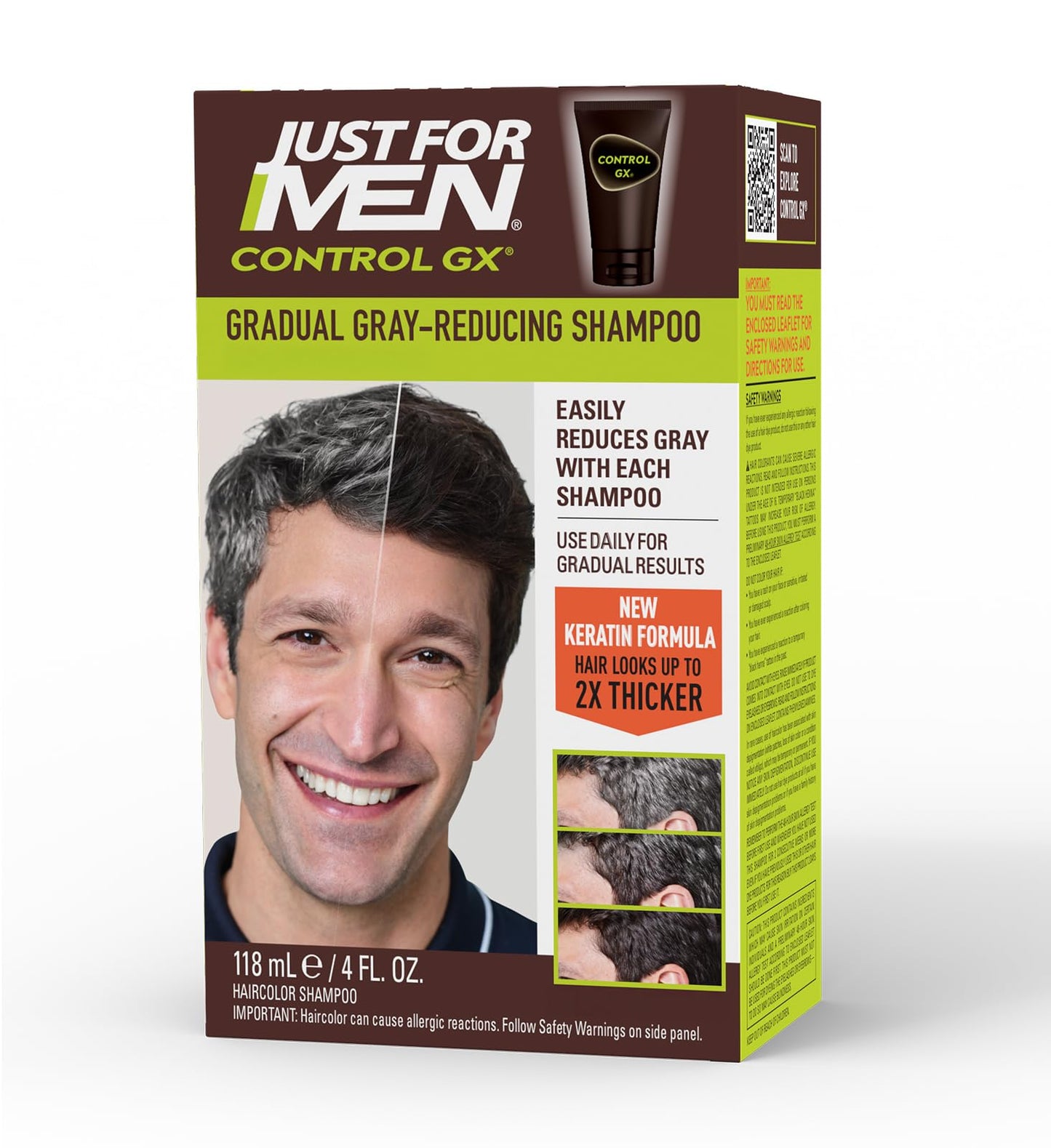 Just For Men Control GX Grey Reducing Shampoo with Keratin, Gradual Hair Color for Stronger, Thicker & Healthier Hair, 4 fl oz, 1 Pack