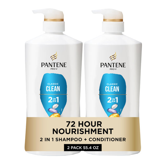 Pantene 2-in-1 Classic Clean Shampoo & Conditioner | Pro-V Nutrients for Dry, Color-Treated Hair | 27.7 Oz, 2-Pack + 0.5 Oz Rescue Shot